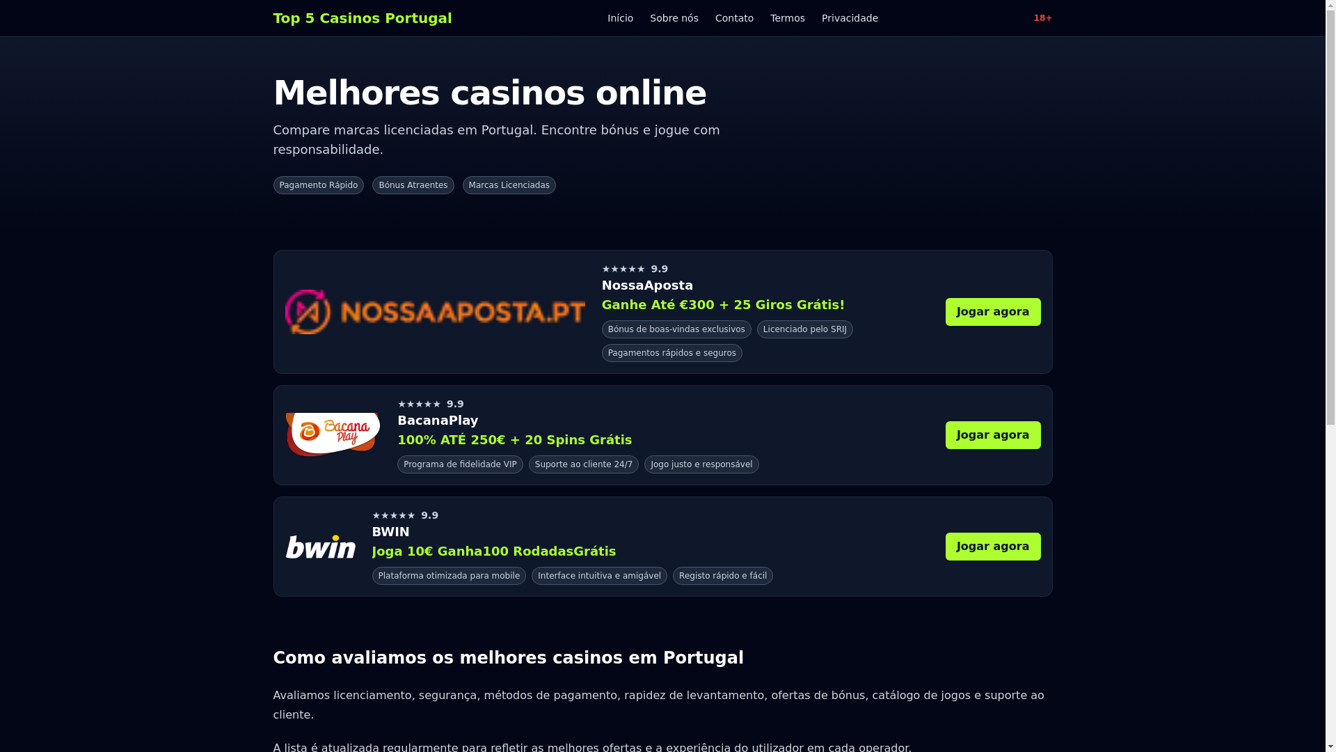 website screenshot of https://top5casinosportugal.com/