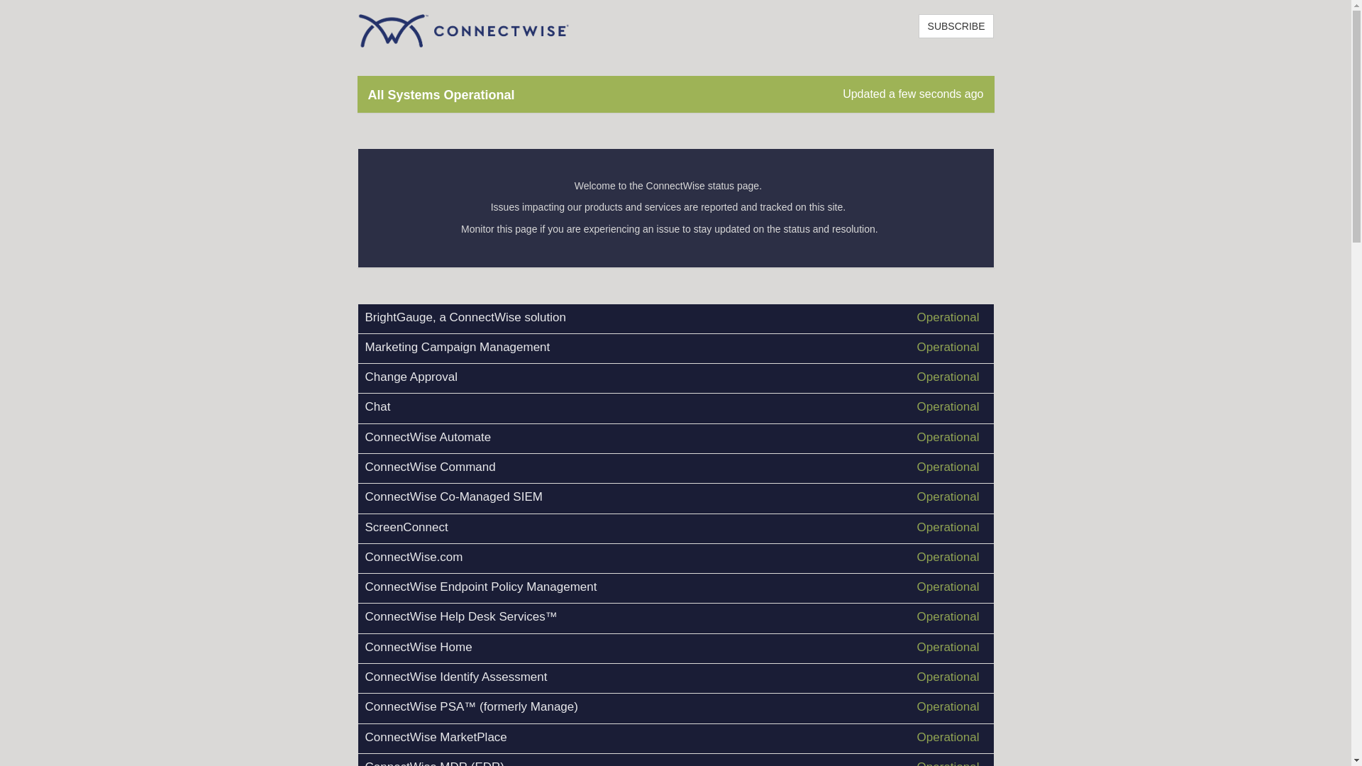 website screenshot of https://status.connectwise.com/