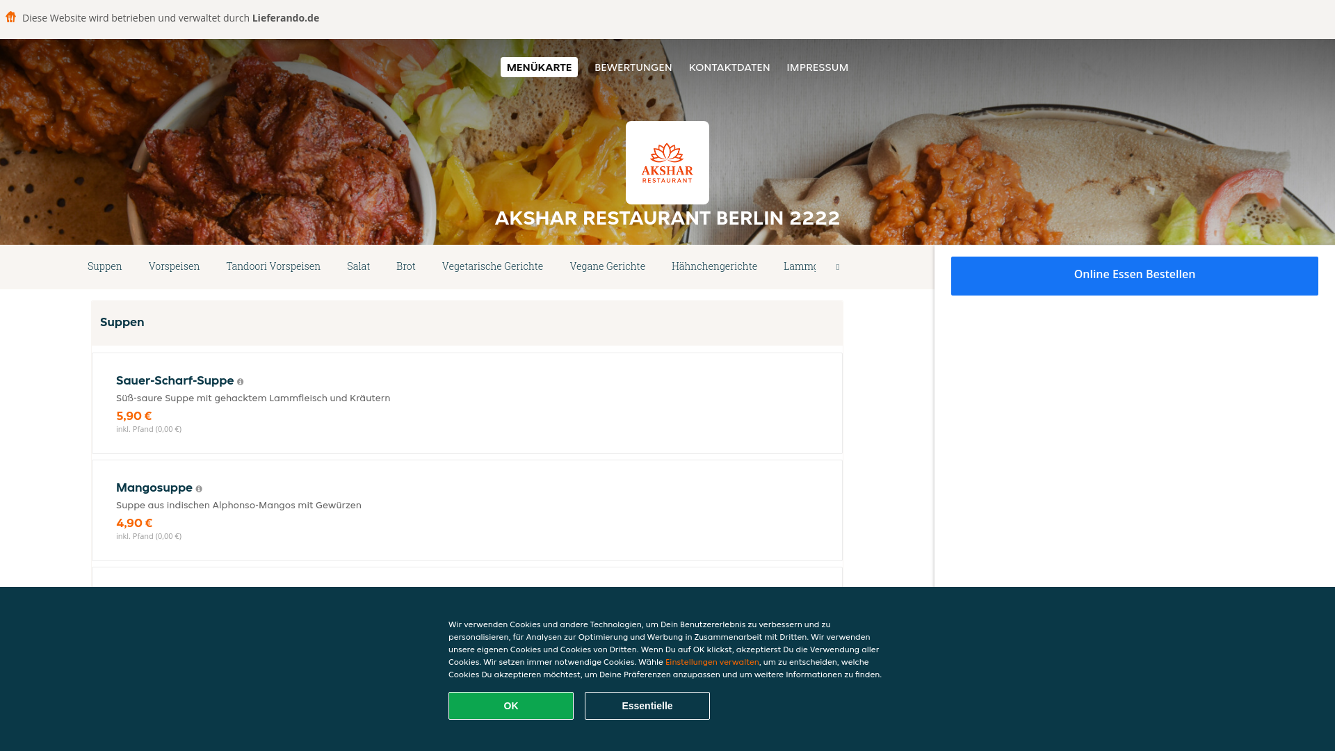 website screenshot of https://aksharrestaurant-berlin.de
