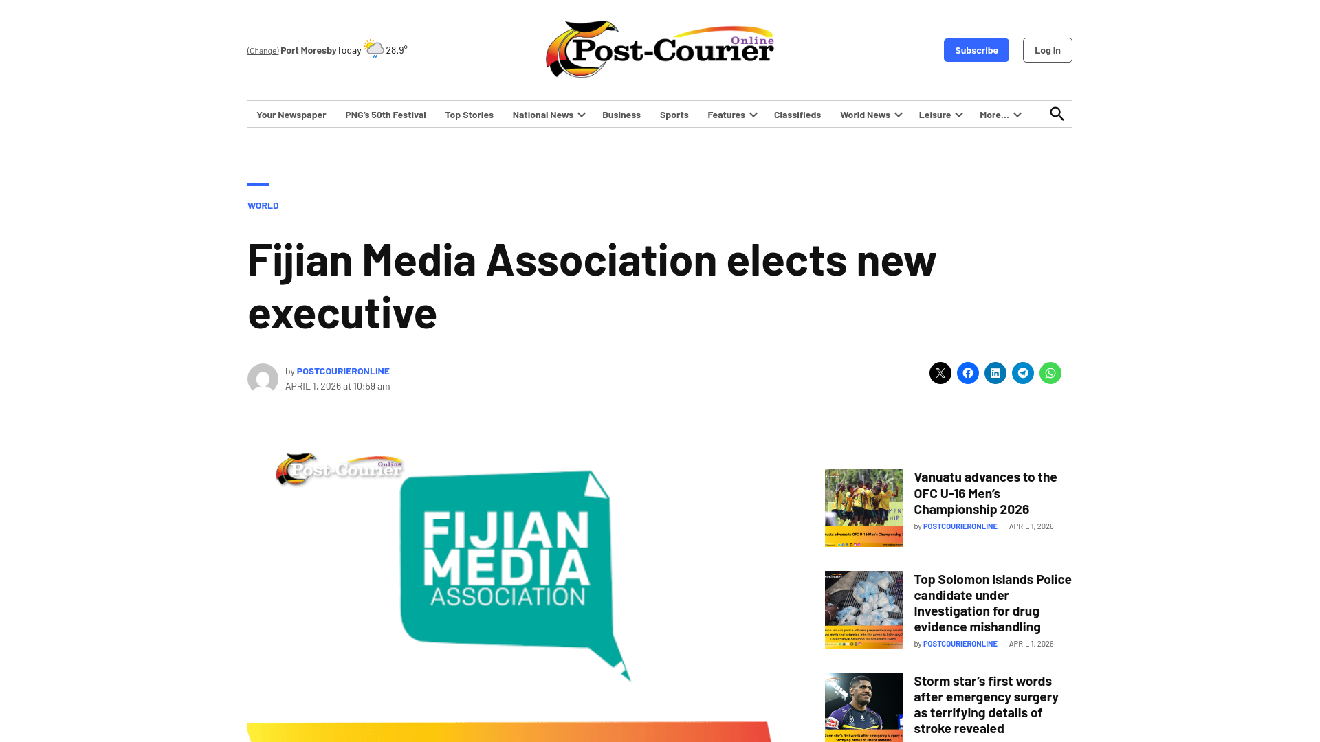 website screenshot of https://www.postcourier.com.pg/fijian-media-association-elects-new-executive/