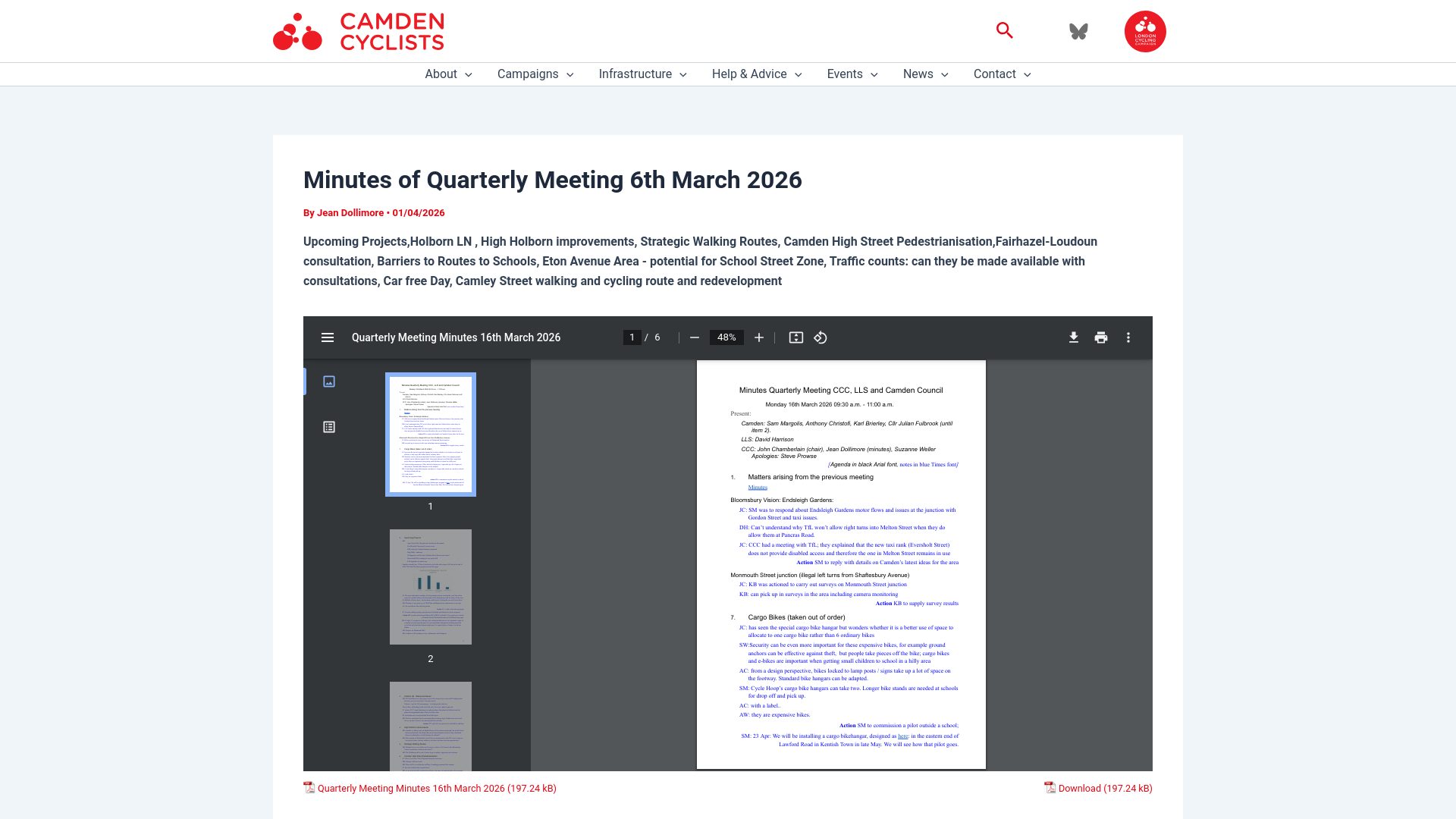 website screenshot of https://camdencyclists.org.uk/2026/04/minutes-of-quarterly-meeting-6th-march-2026/