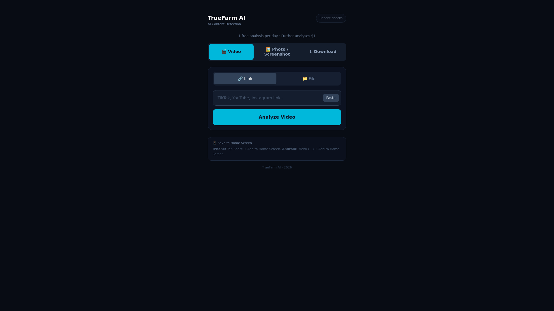 website screenshot of https://truefarmai.com/