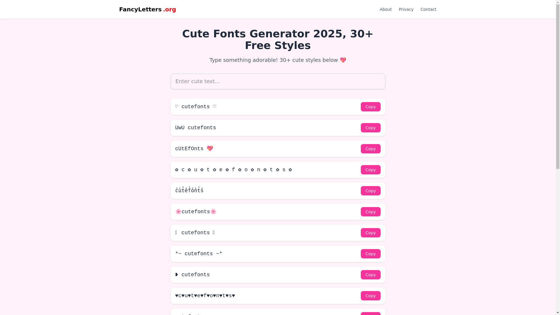 website screenshot of https://fancycutefonts.pages.dev/