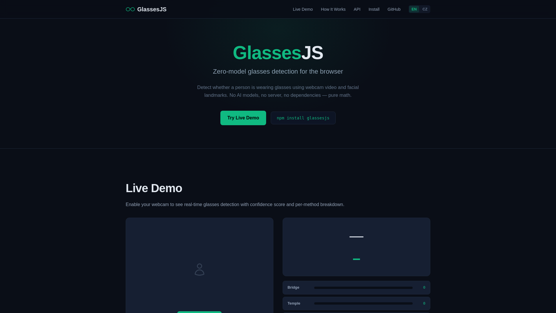 website screenshot of https://glassesjs.com