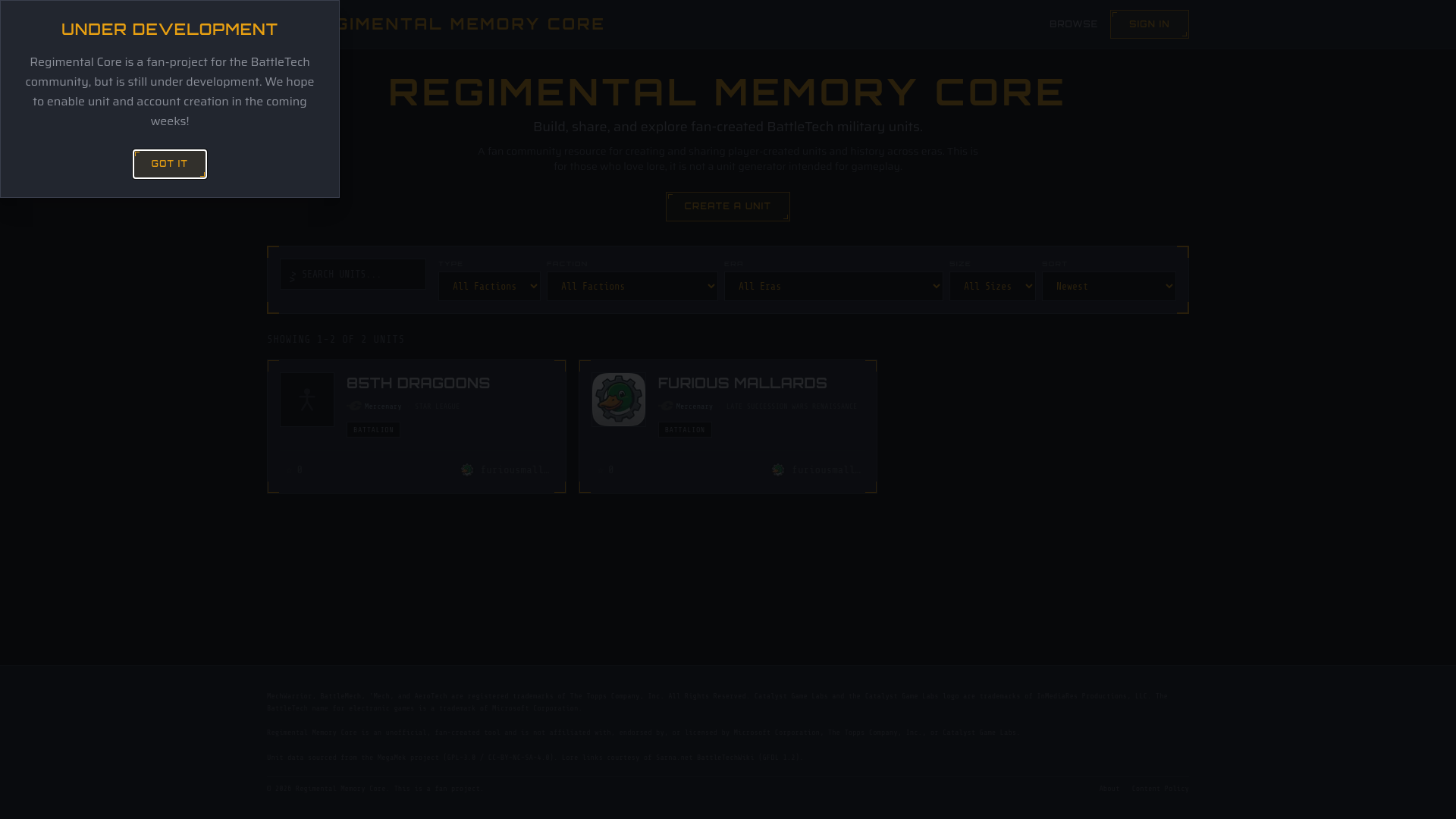 website screenshot of https://regimentalcore.com
