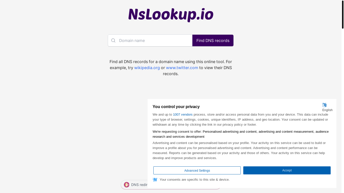 website screenshot of https://www.nslookup.io/