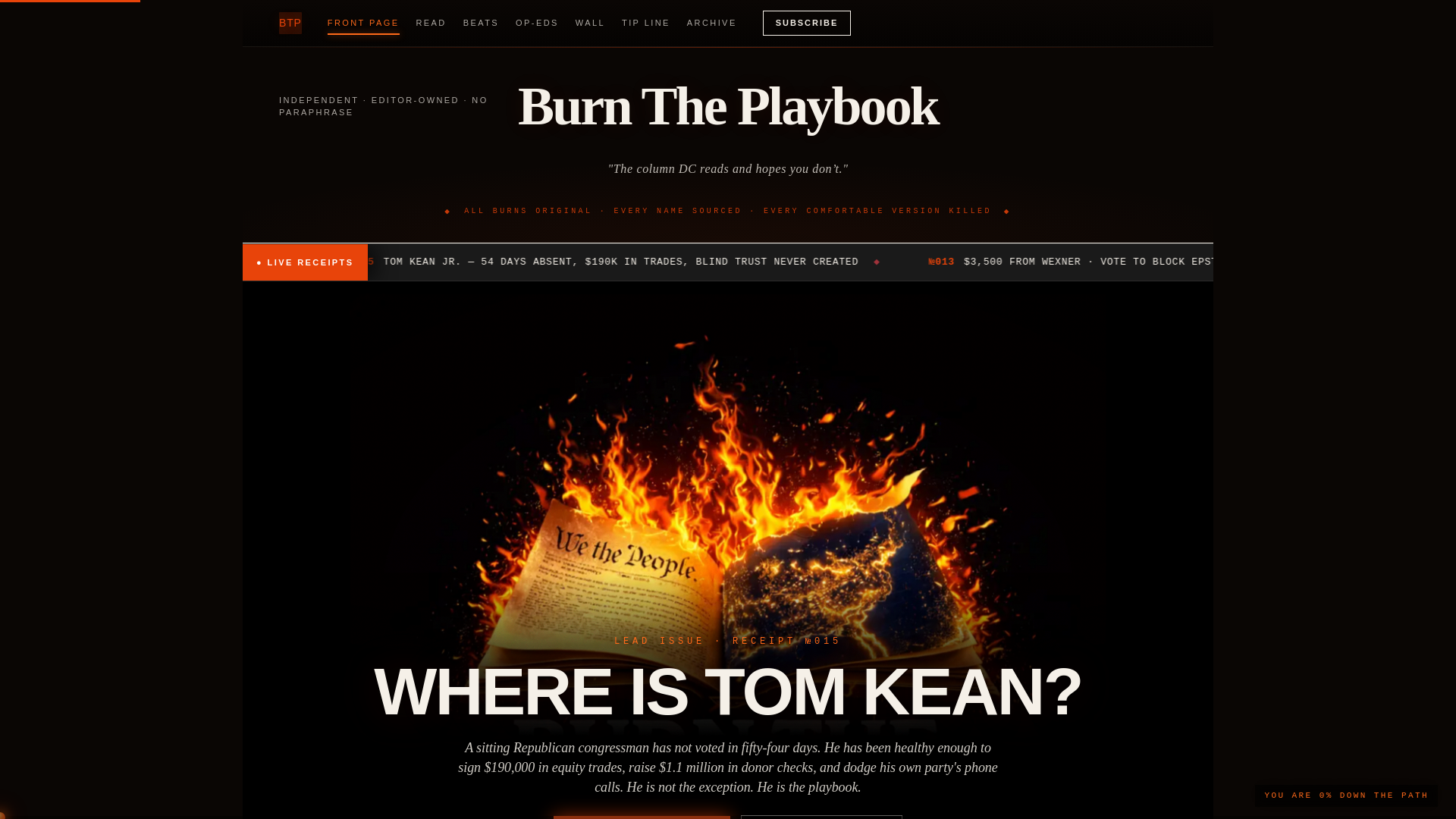 website screenshot of https://burntheplaybook.news/