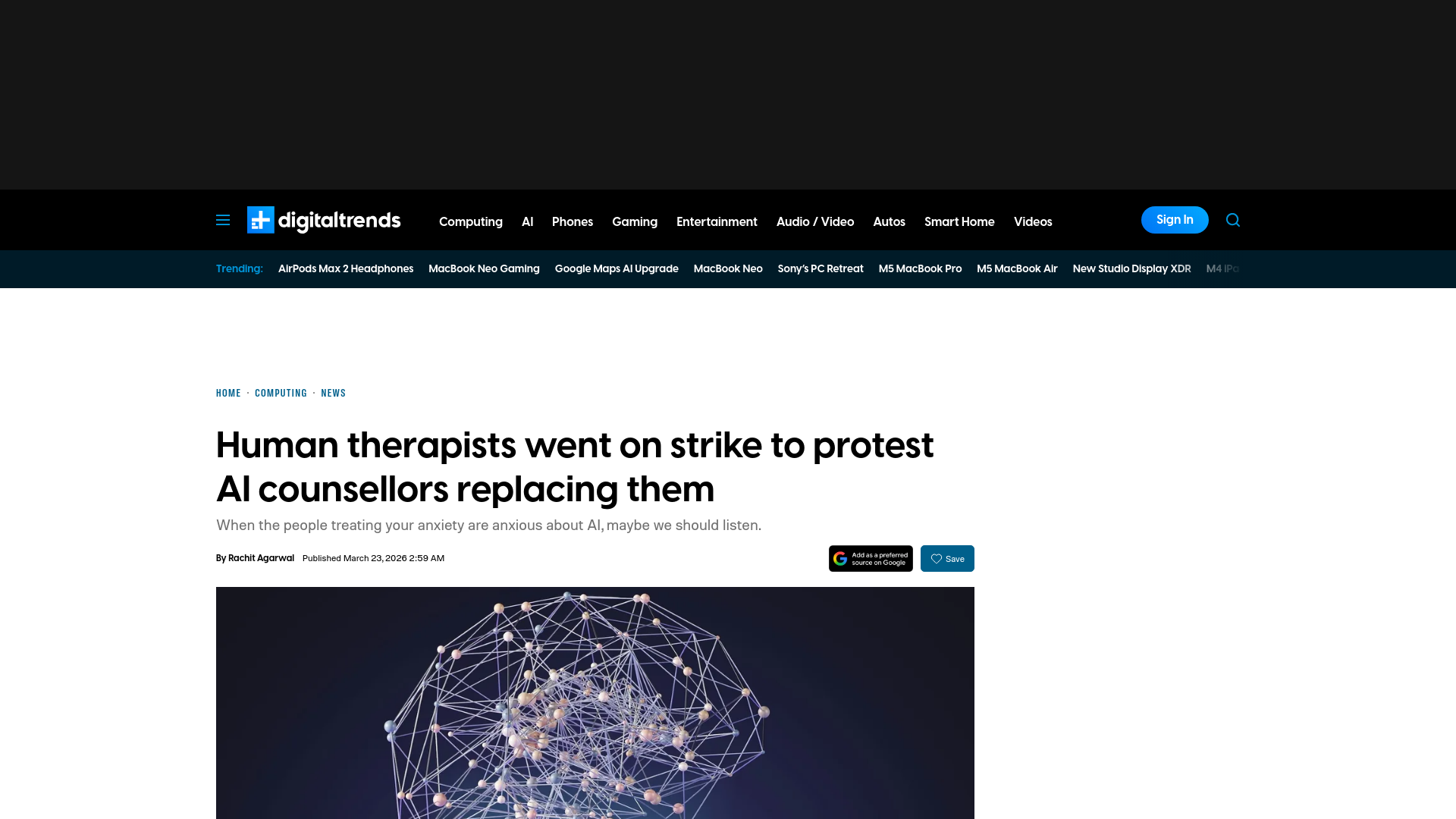 website screenshot of https://www.digitaltrends.com/computing/human-therapists-went-on-strike-to-protest-ai-counsellors-replacing-them/