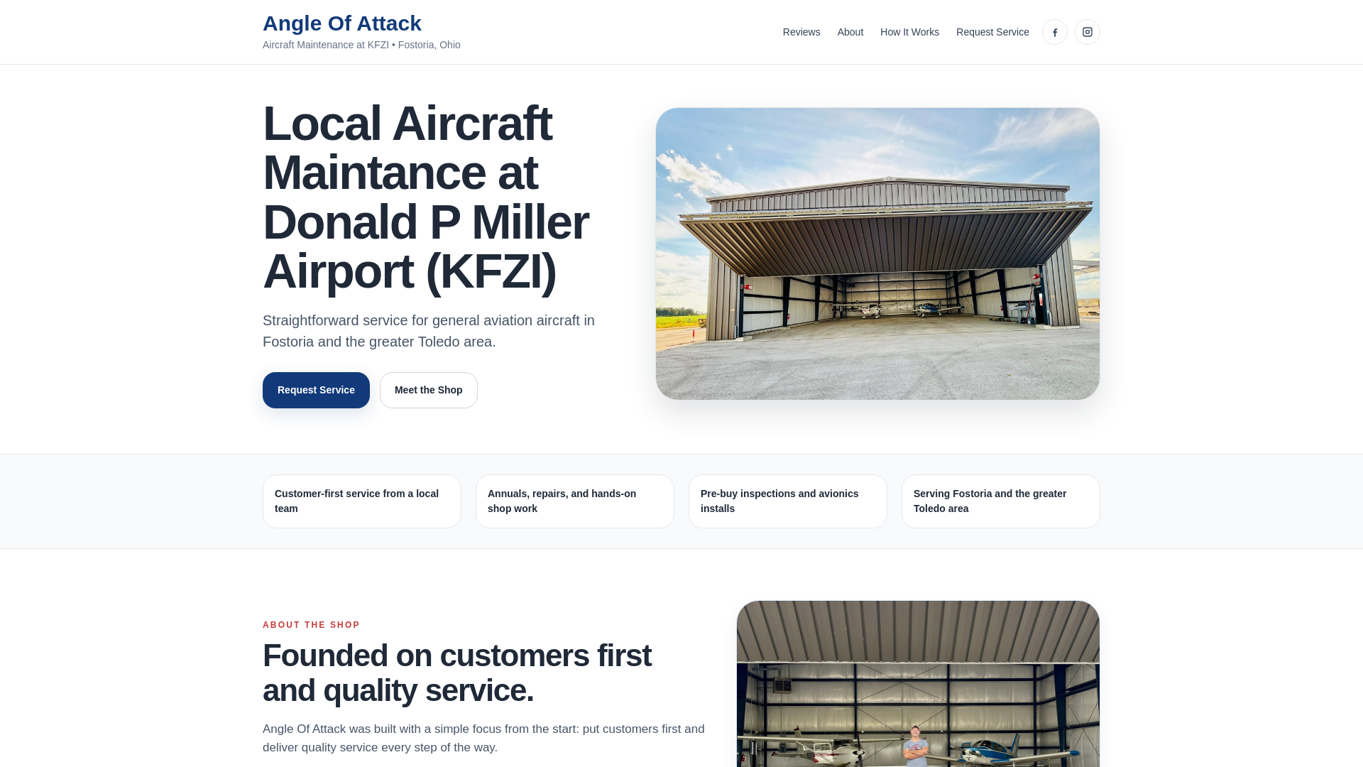 website screenshot of https://angleofattackmaintenance.com/