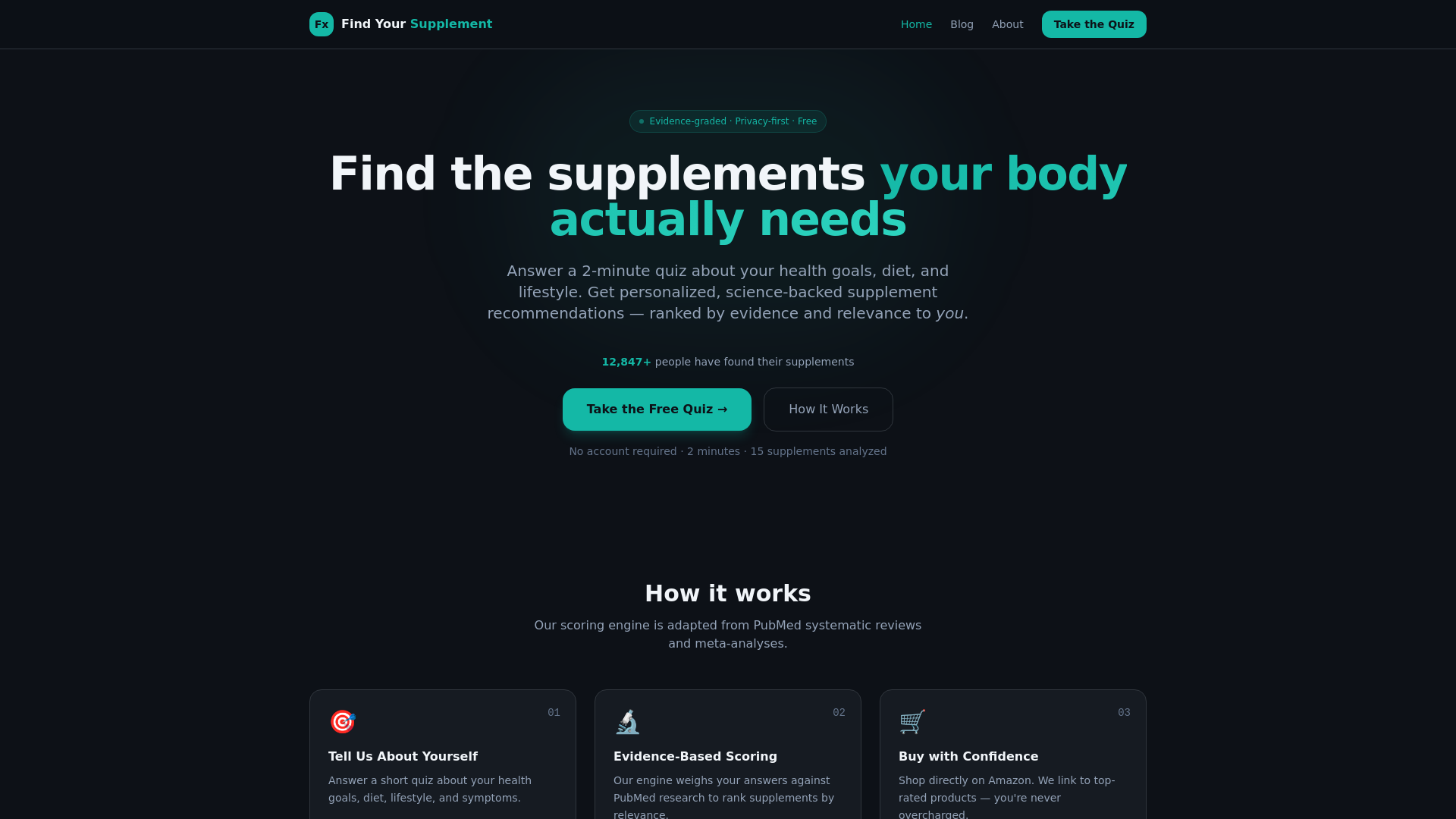 website screenshot of https://findyoursupplement.net/