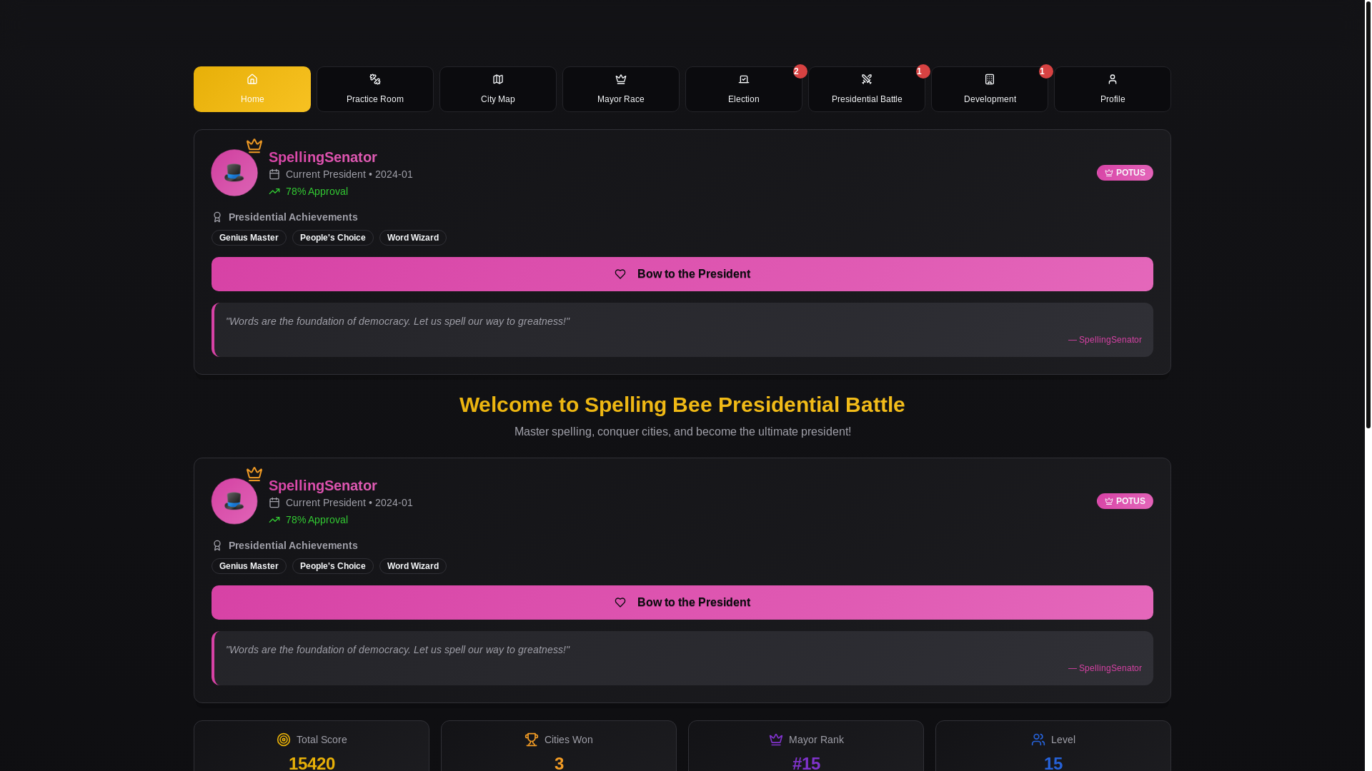 website screenshot of https://word-bee-presidential-battle.pages.dev/