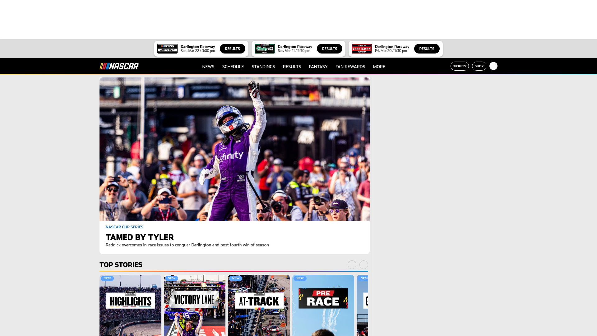 website screenshot of https://www.nascar.com