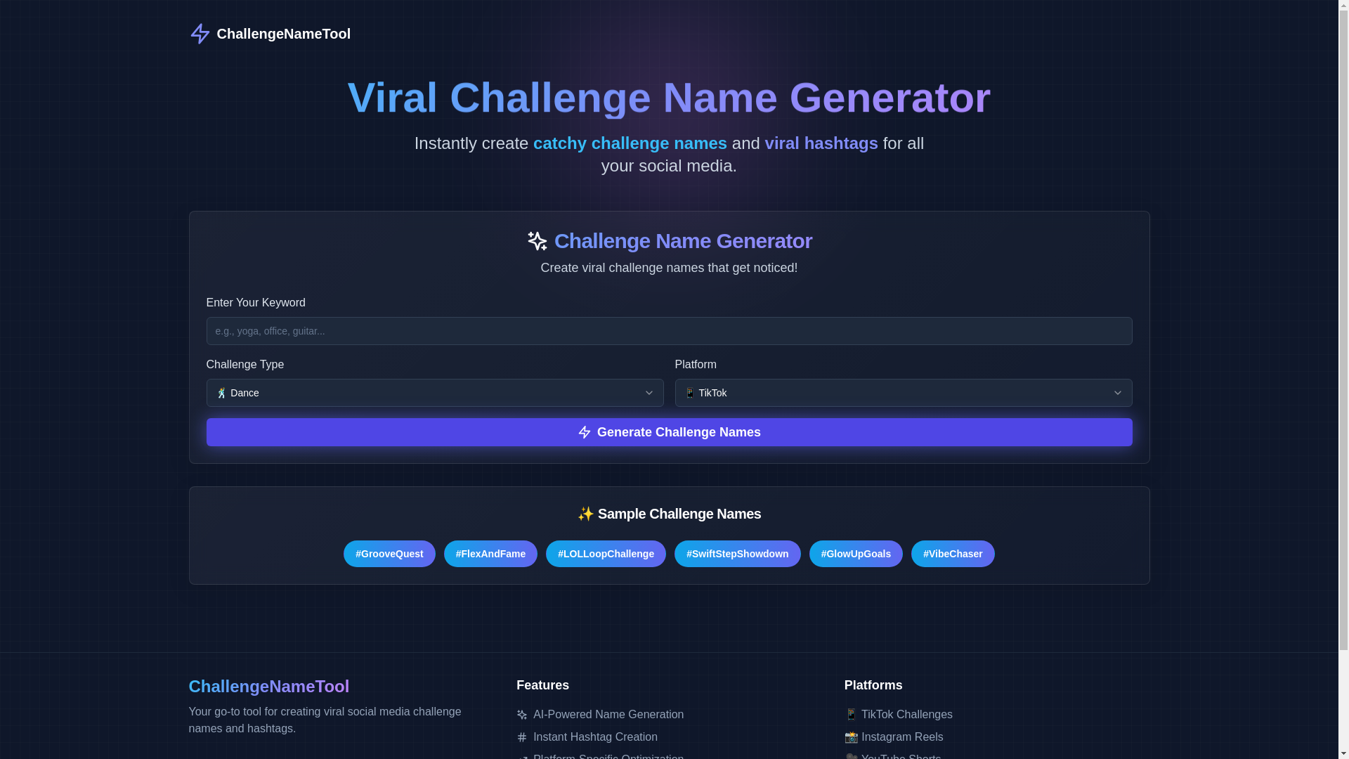 website screenshot of https://challengenametool.com/