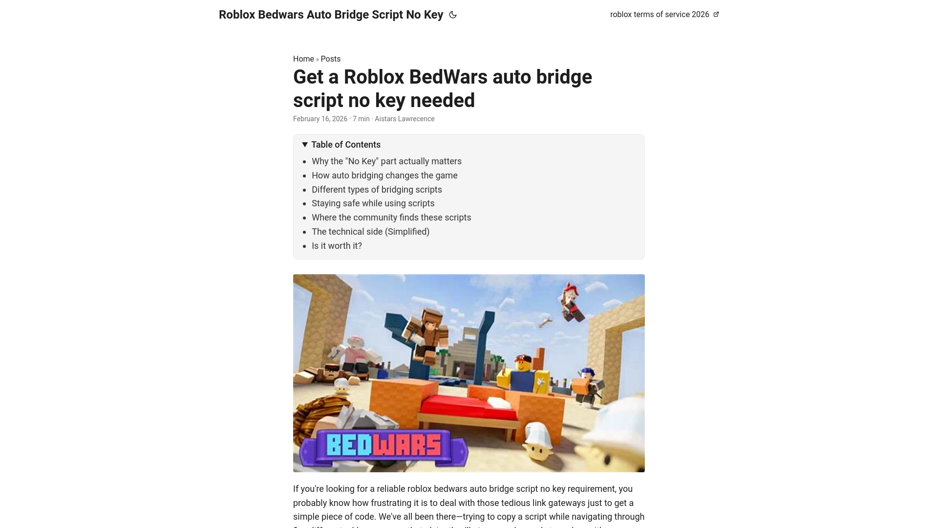 website screenshot of https://roblox-bedwars-auto-bridge-script-no-key.pages.dev/