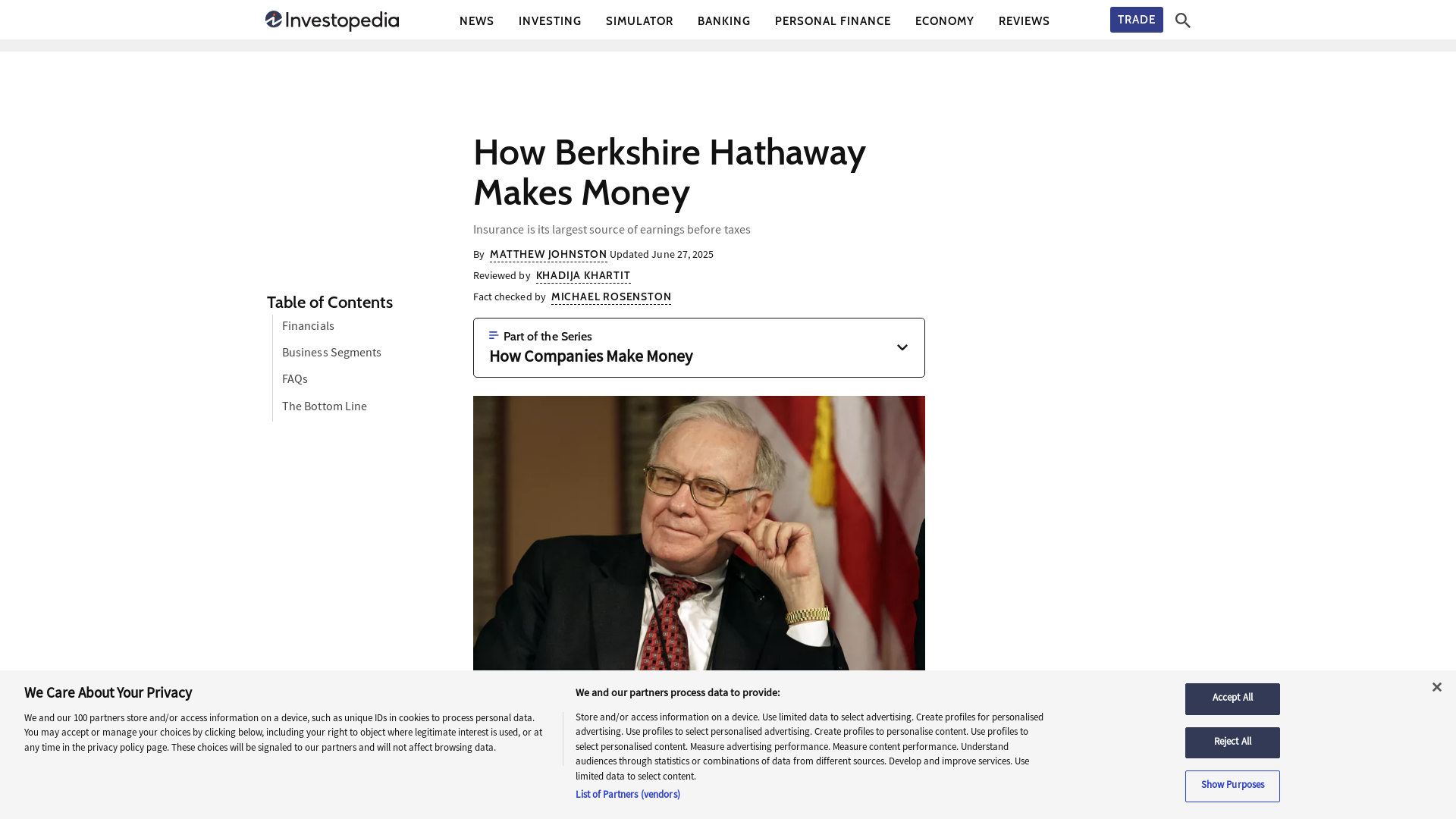 website screenshot of https://www.investopedia.com/how-berkshire-hathaway-makes-money-4801173