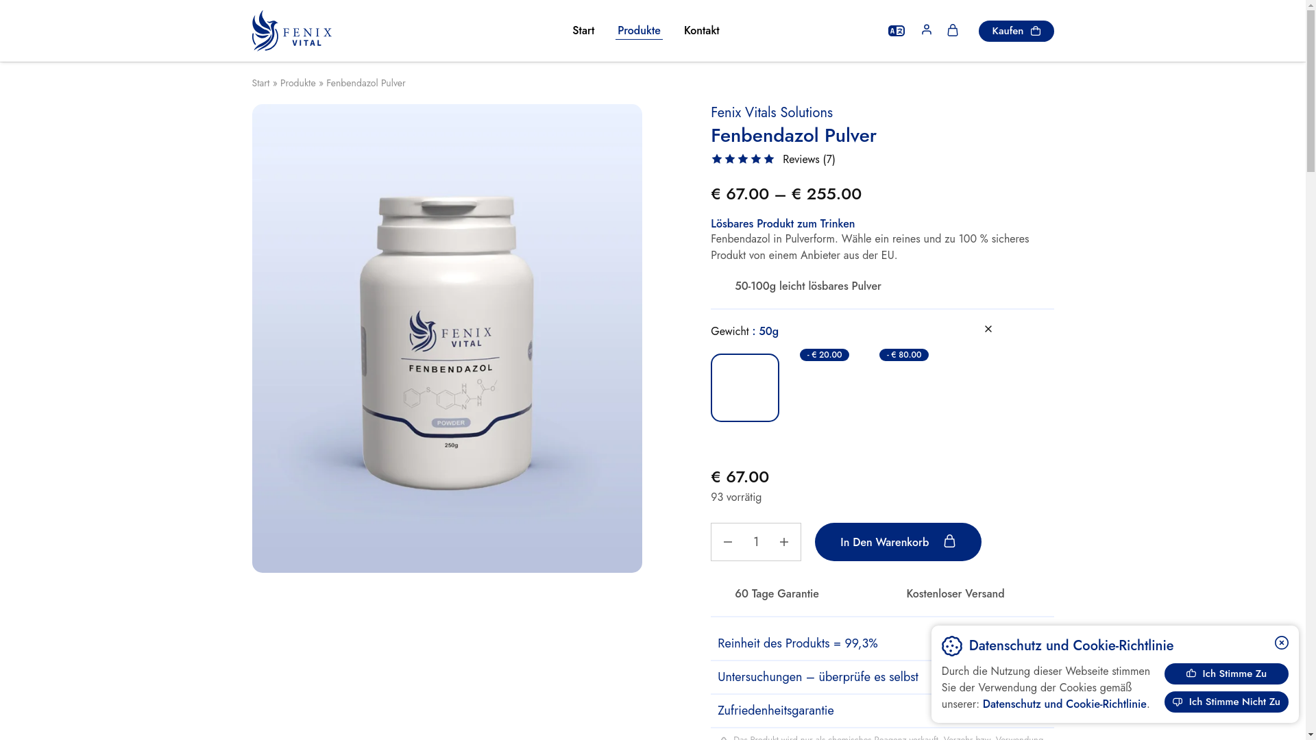 website screenshot of https://fenbendazole.de/producte/pulver/fenbendazol-pulver/