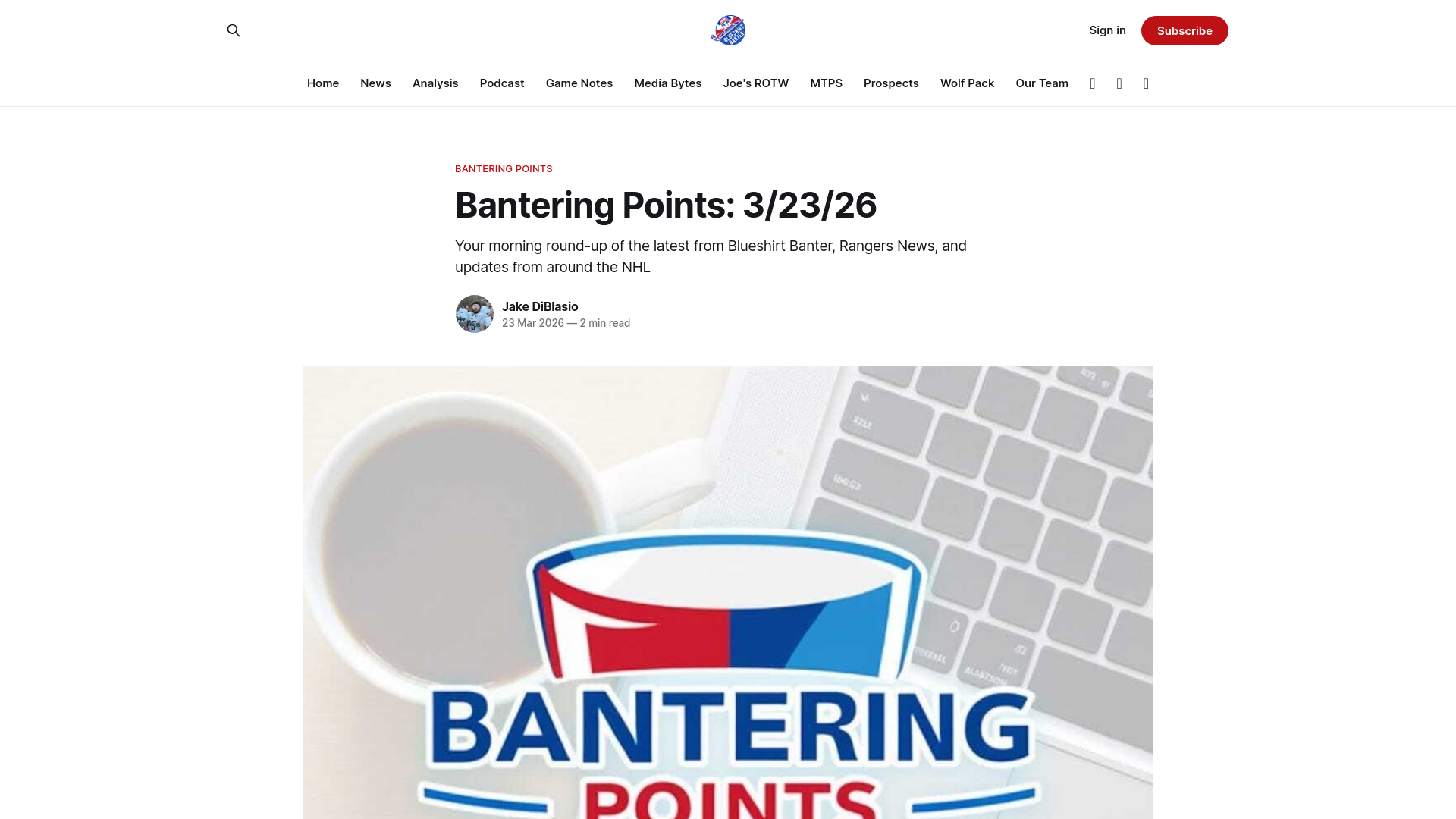 website screenshot of https://www.blueshirtbanter.com/bantering-points-3-23-26/