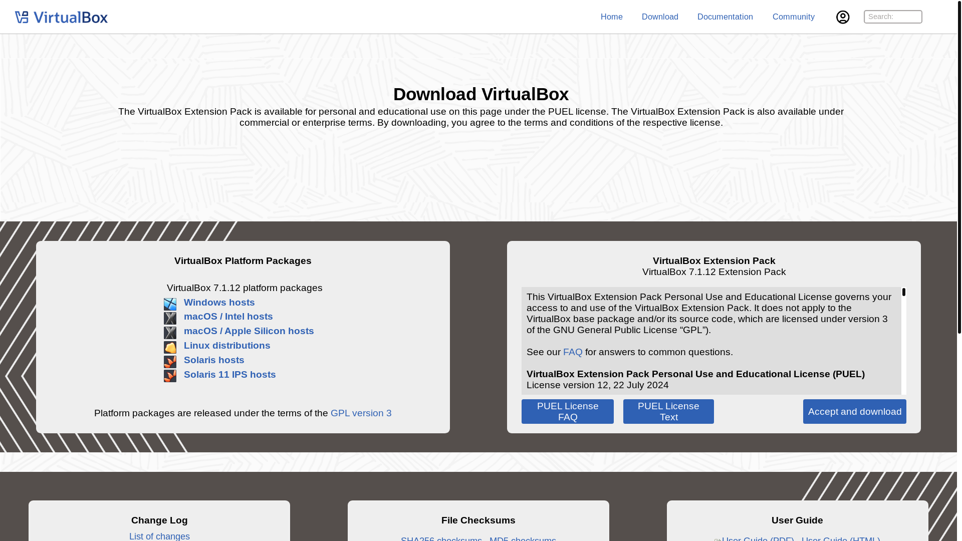 website screenshot of https://www.virtualbox.org/wiki/Downloads