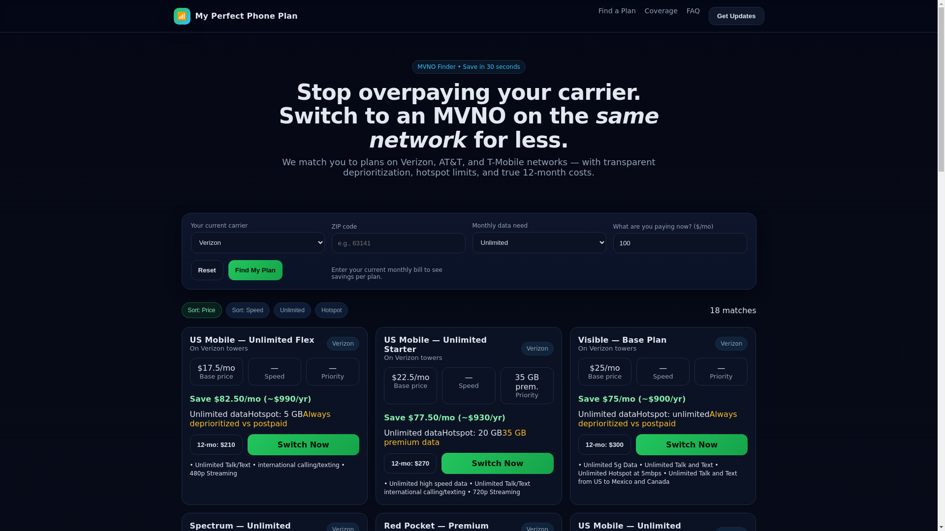 website screenshot of https://myperfectphoneplan.com/