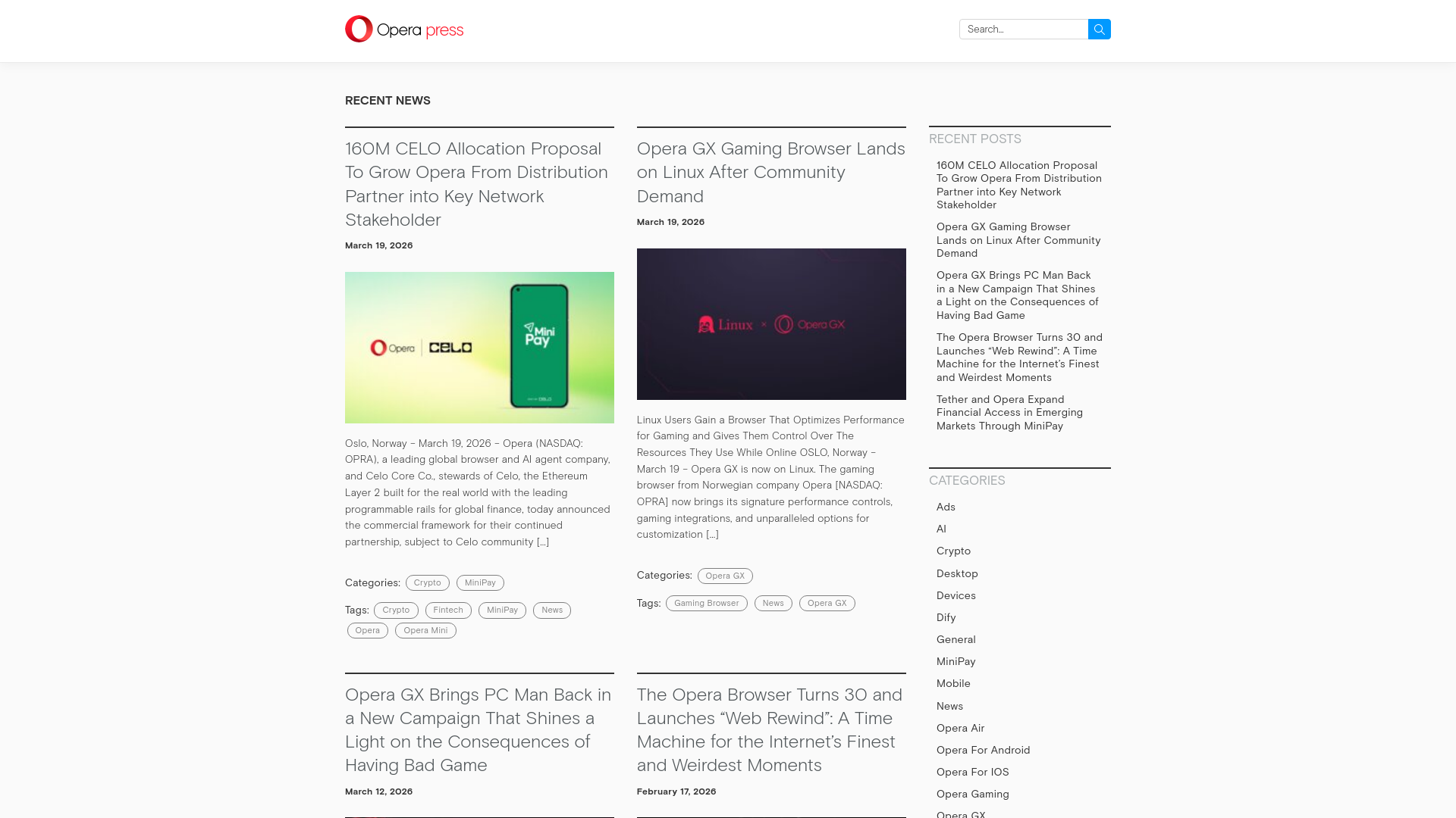 website screenshot of https://press.opera.com