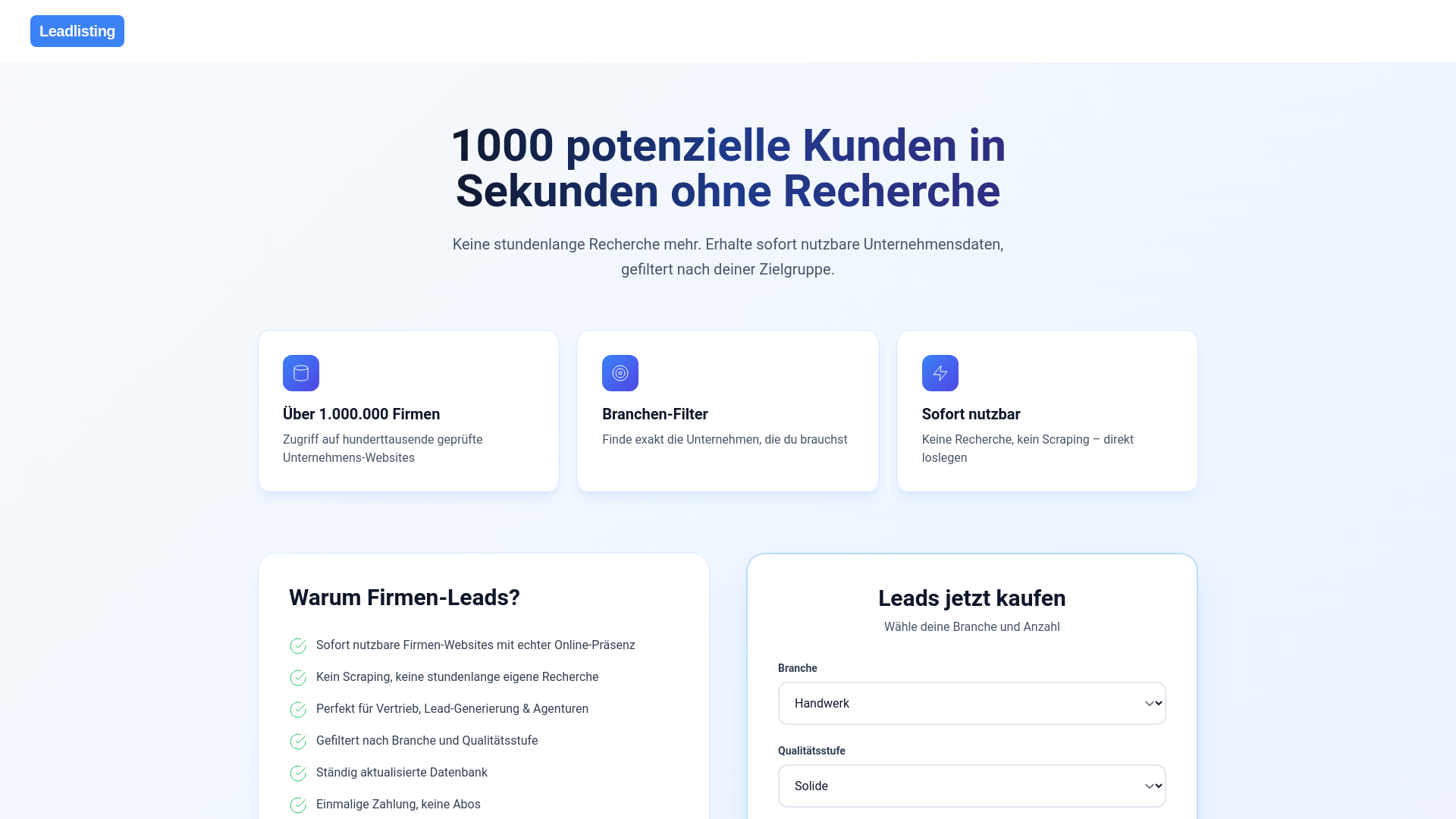 website screenshot of https://leadlisting.de/