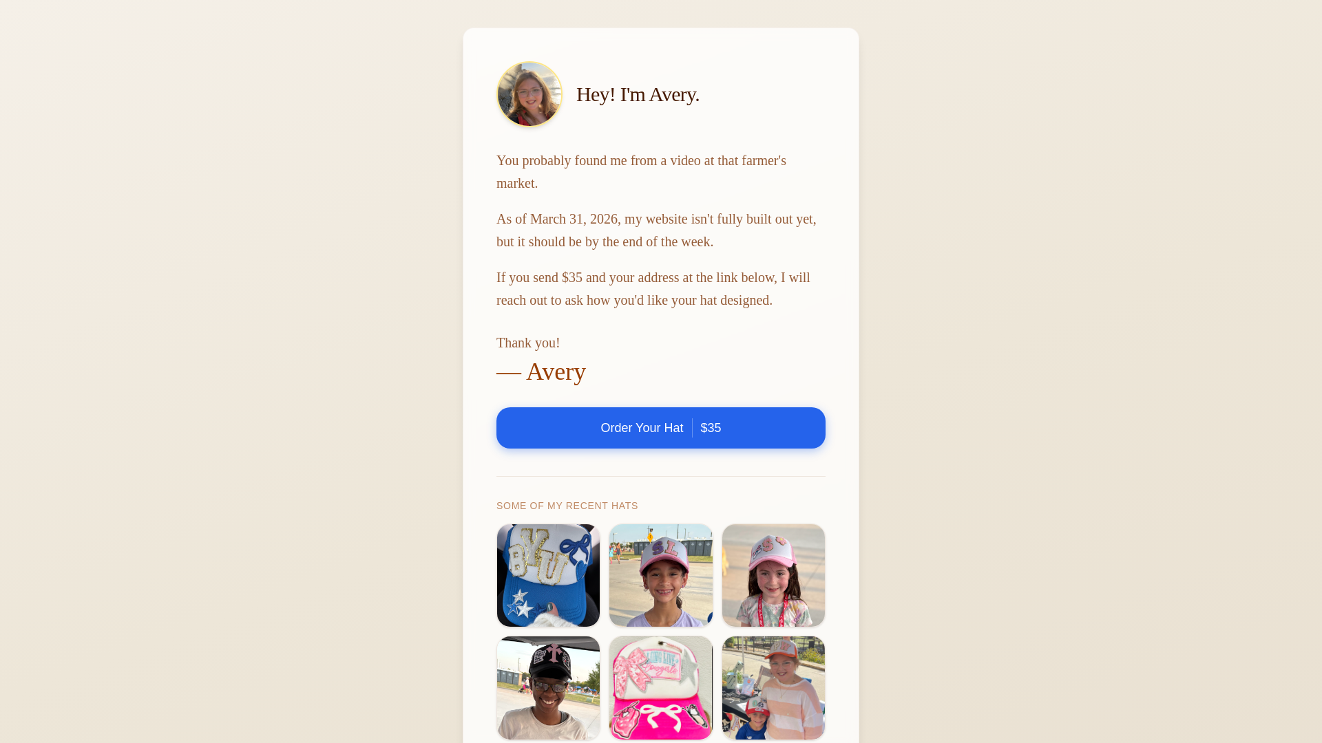 website screenshot of https://patchworkshats.com