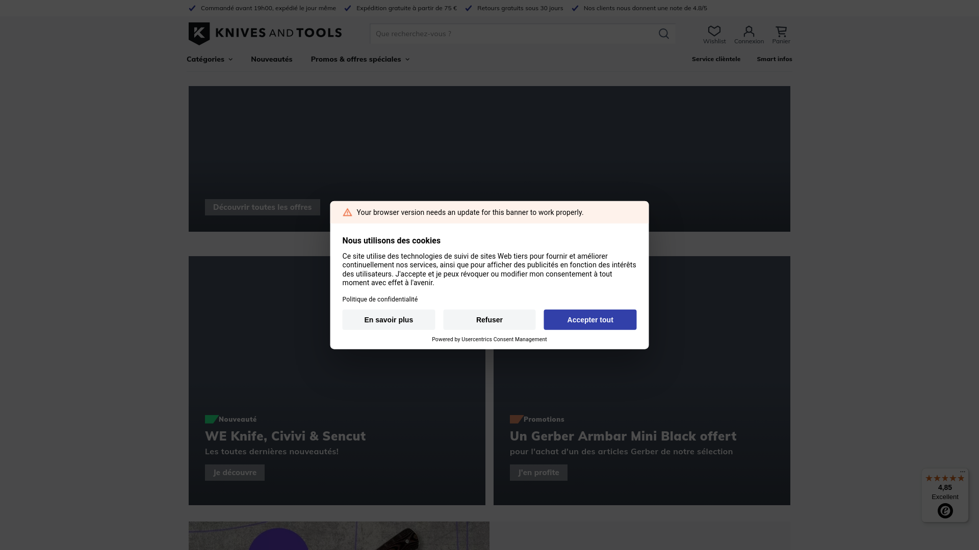 website screenshot of https://www.knivesandtools.fr