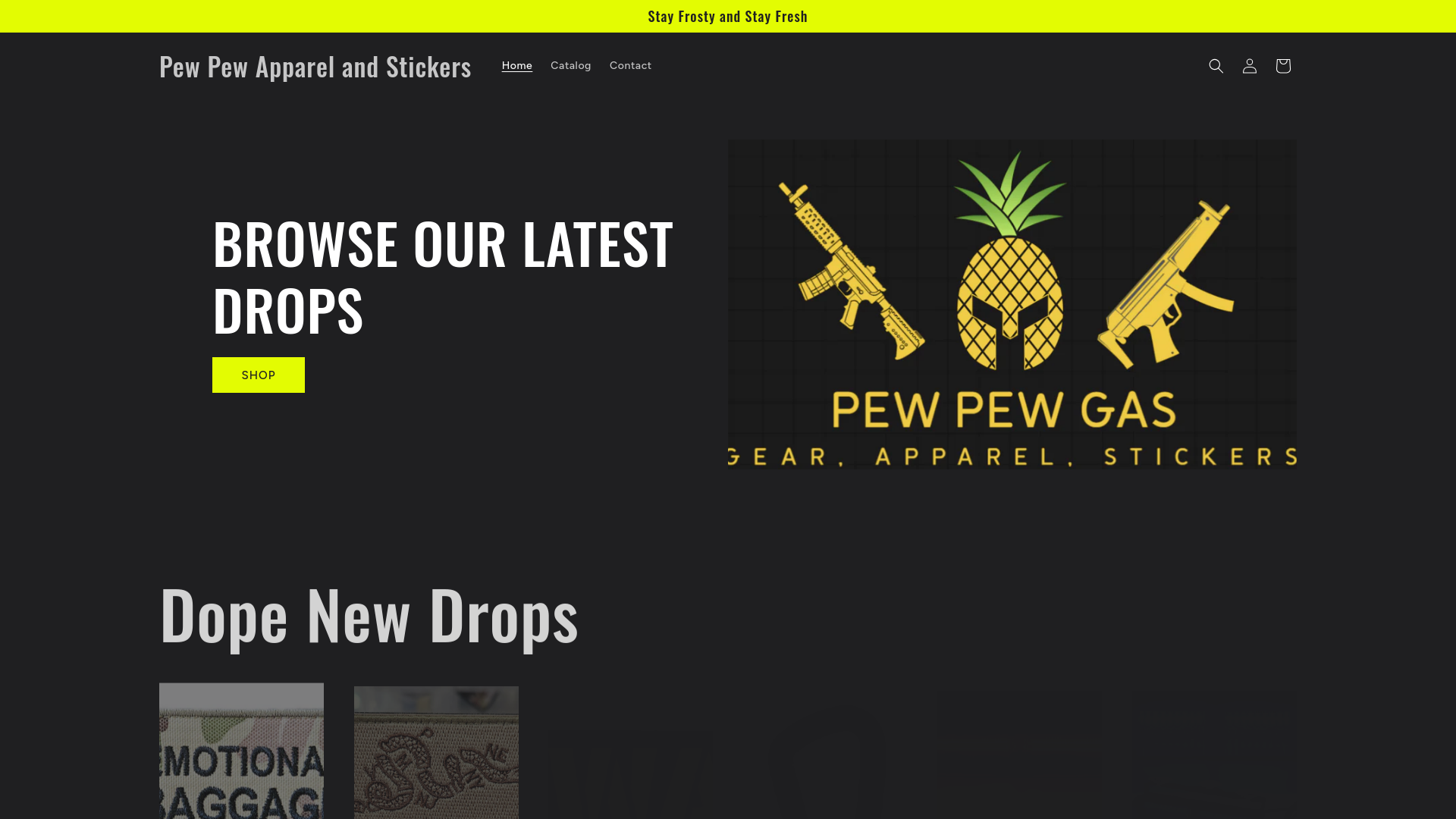 website screenshot of https://pewpewstickersapparel.store/