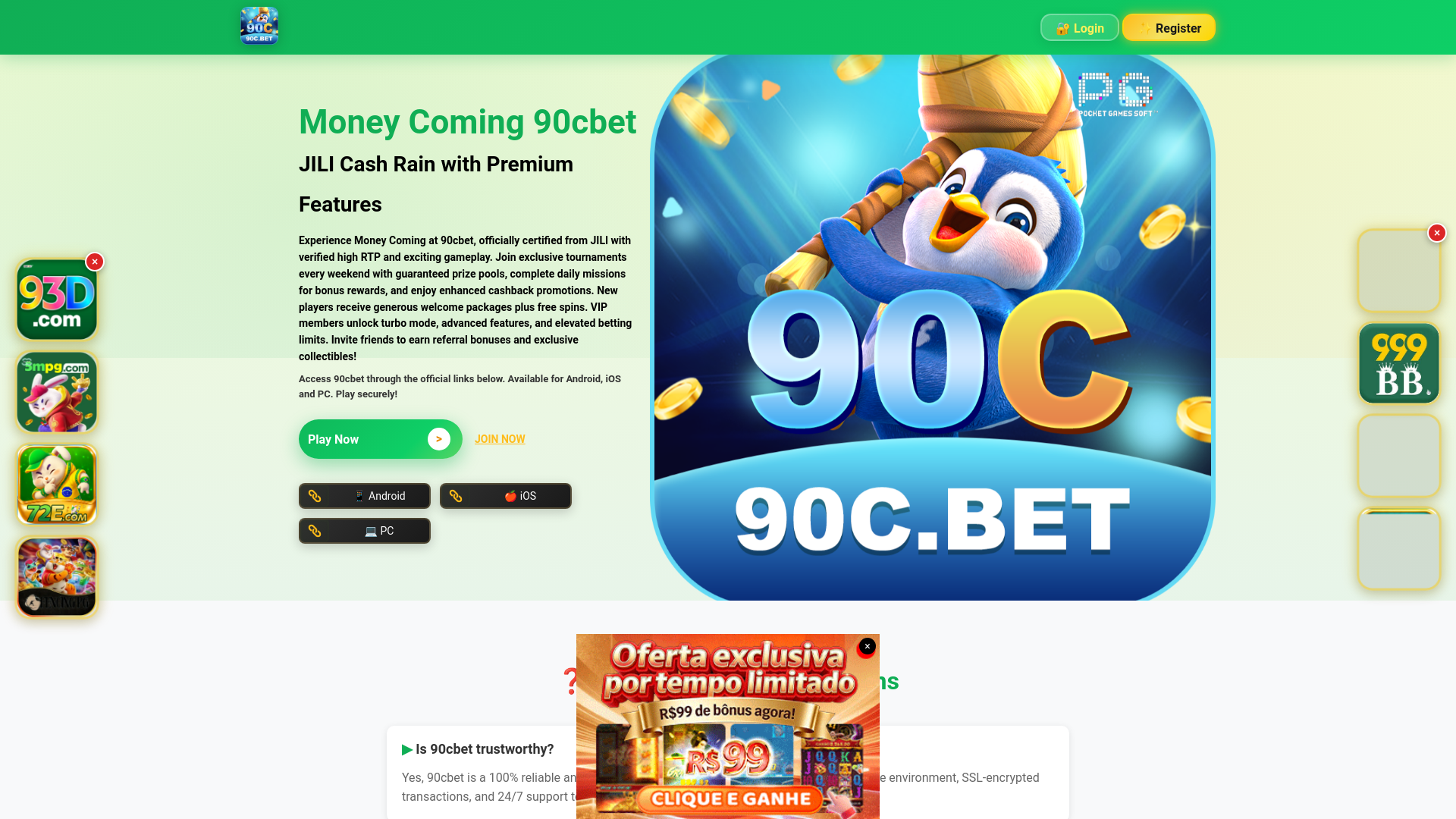 website screenshot of https://90c-bet.com