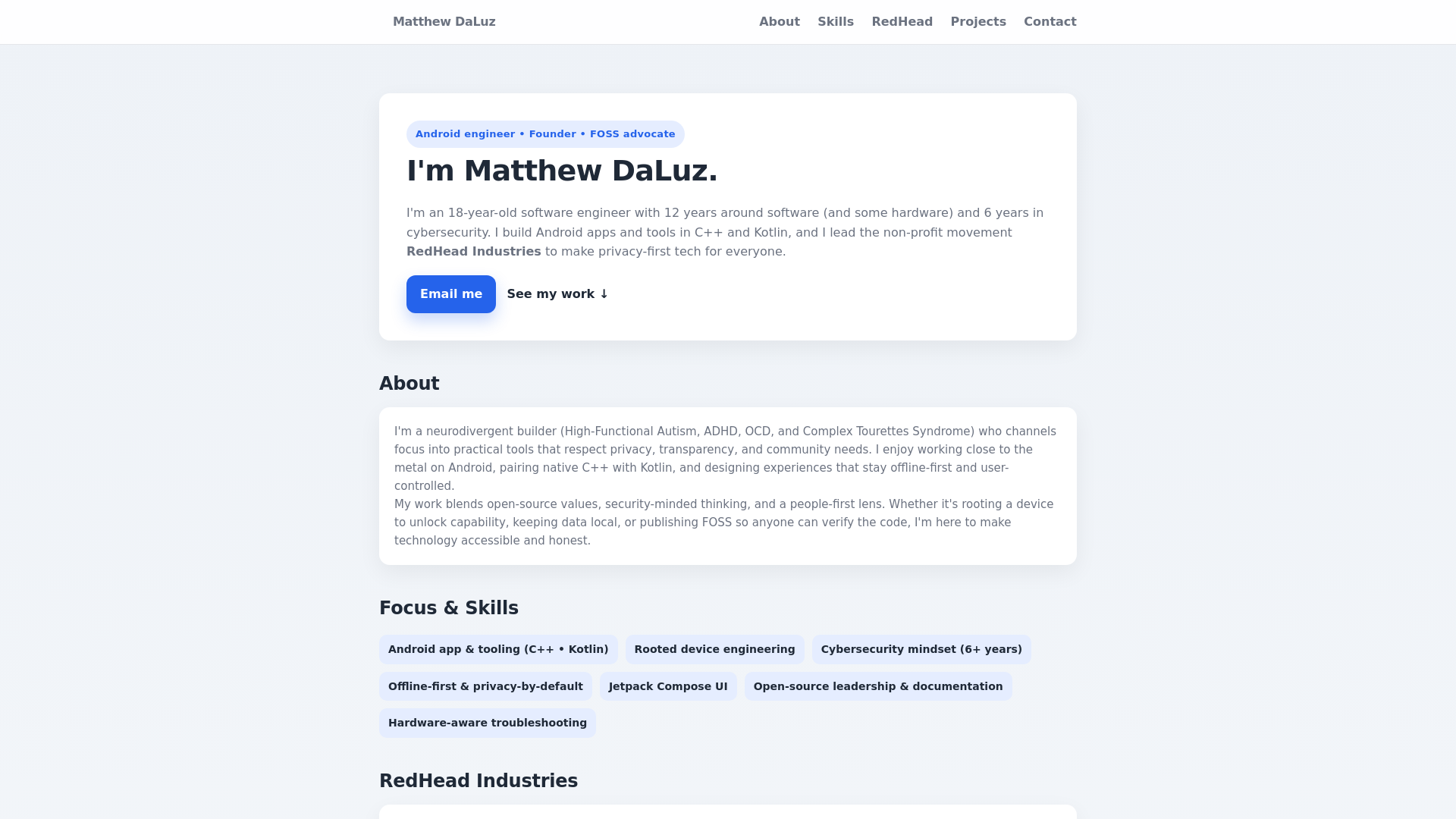 website screenshot of https://matthewdaluz.me