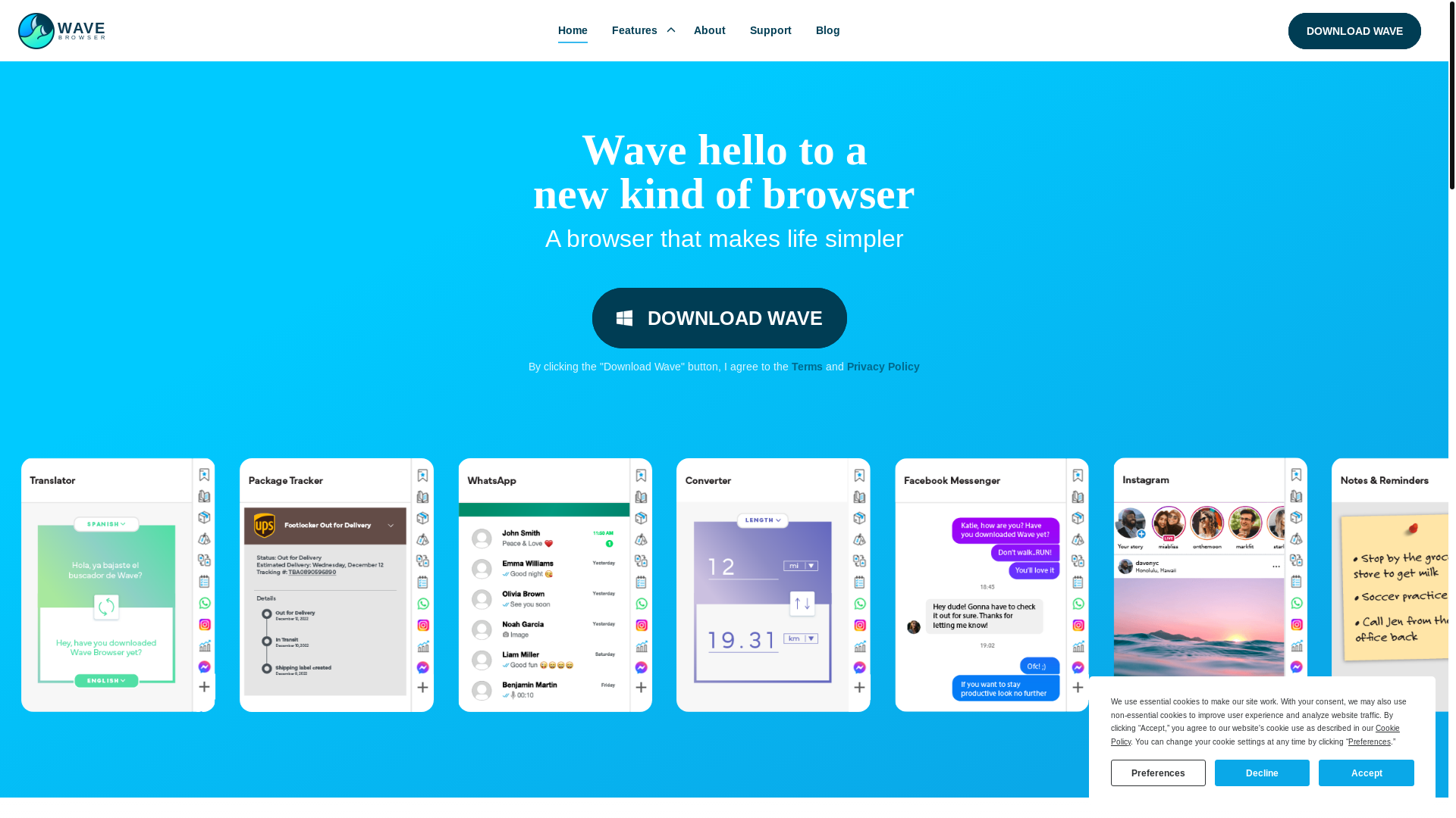 website screenshot of https://wavebrowser.co/