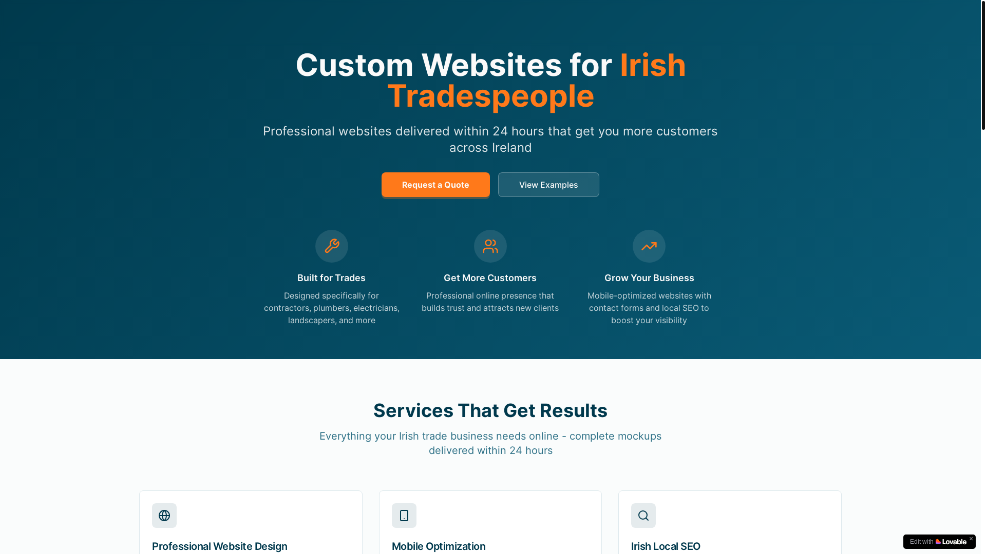 website screenshot of https://tradeworkswebsites.ie/