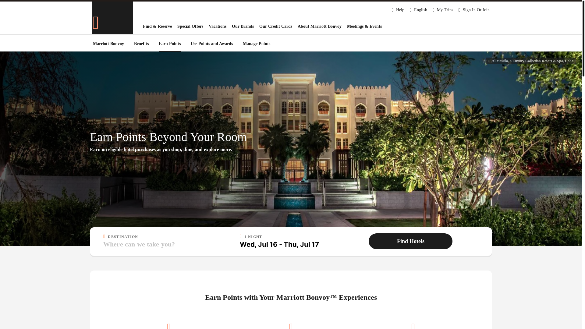 website screenshot of https://www.marriott.com/loyalty/earn/hotels.mi