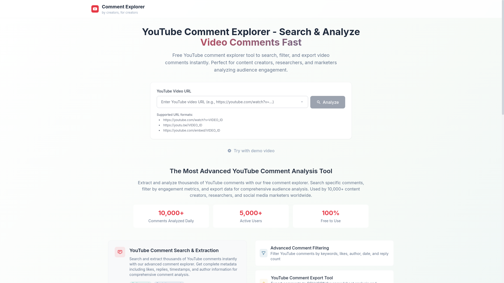 website screenshot of https://ytcommentexplorer.com/