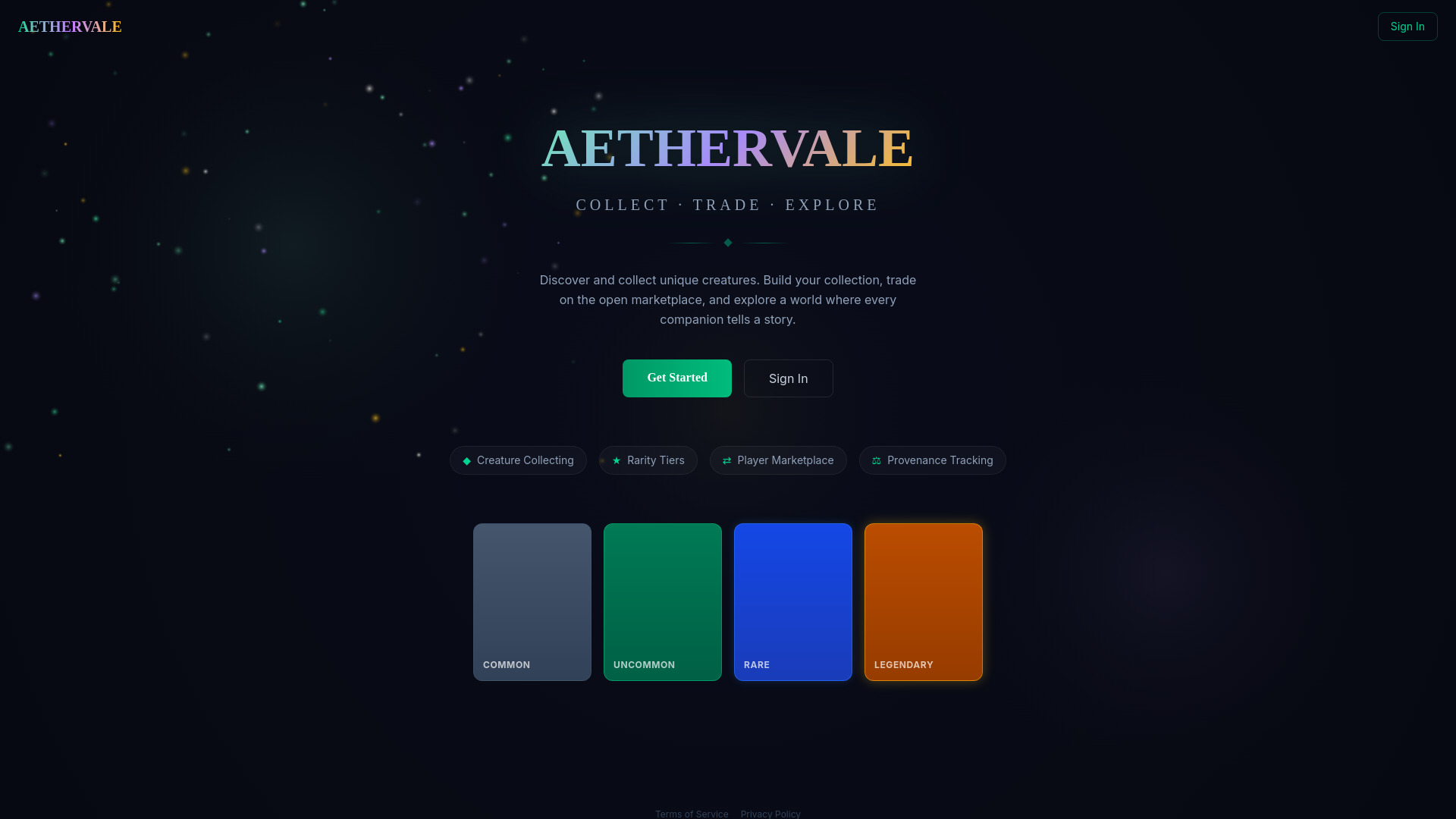 website screenshot of https://aethervale.app