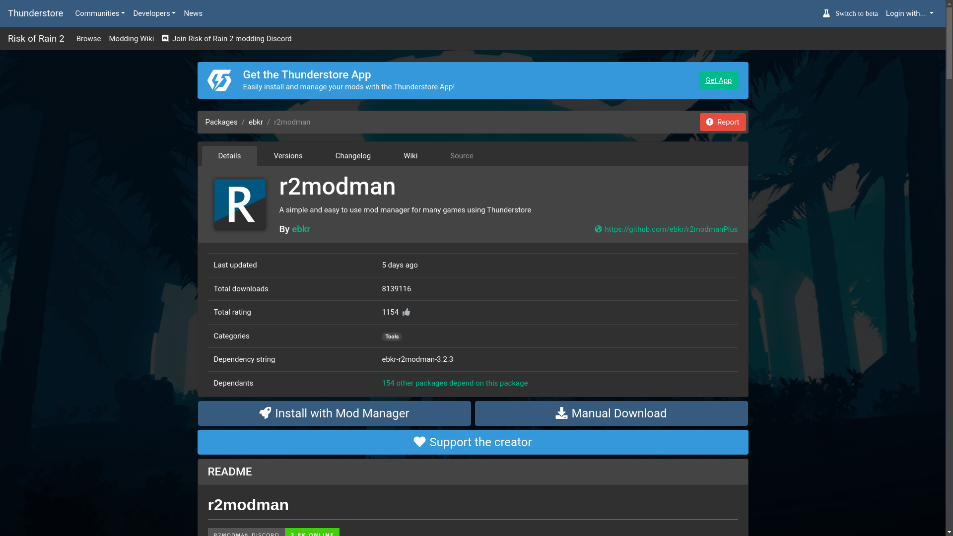 website screenshot of https://thunderstore.io/package/ebkr/r2modman/