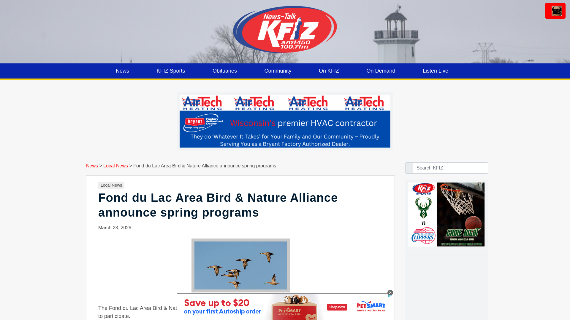 website screenshot of https://kfiz.com/fond-du-lac-area-bird-nature-alliance-announce-spring-programs/