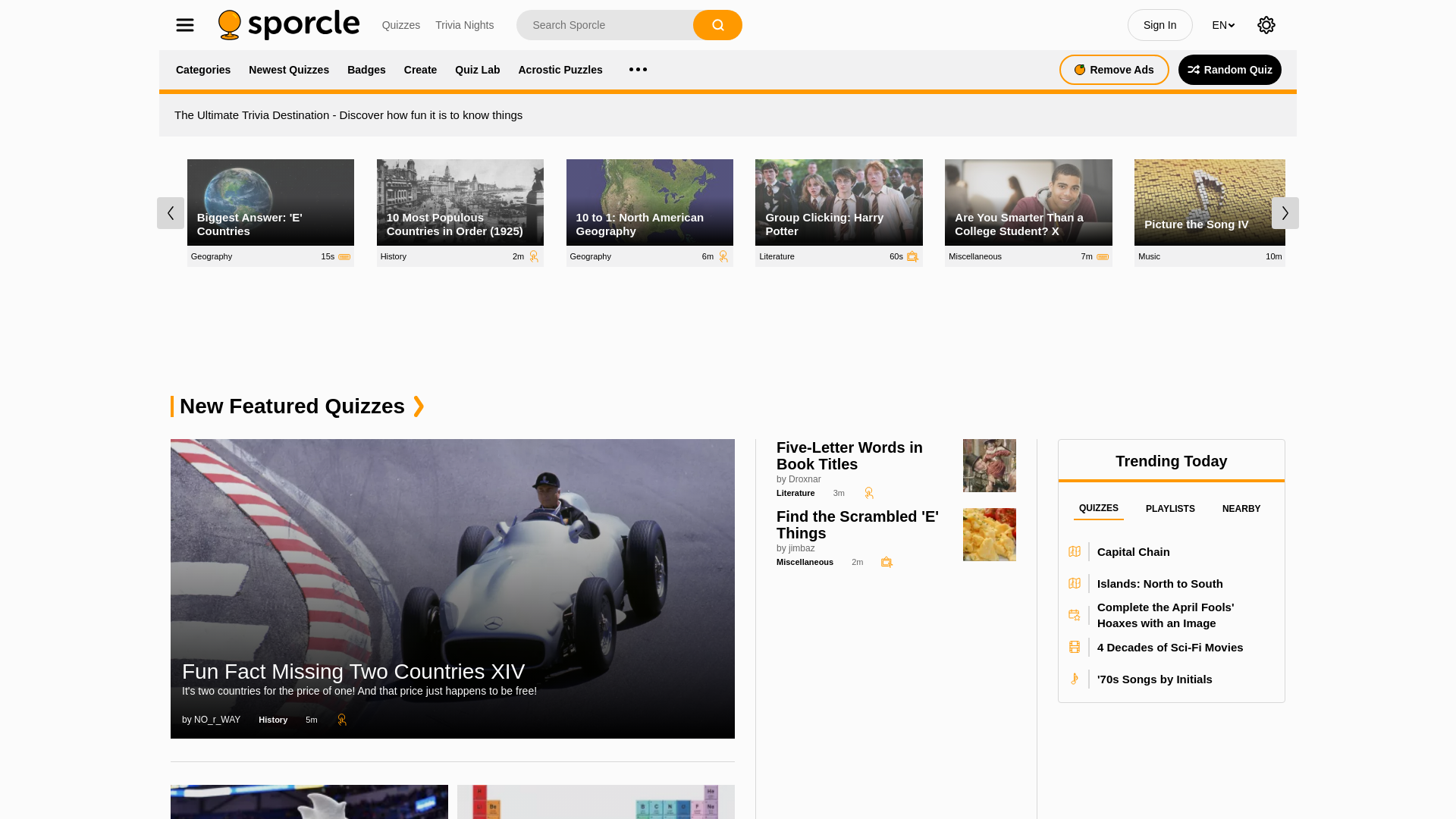 website screenshot of https://www.sporcle.com