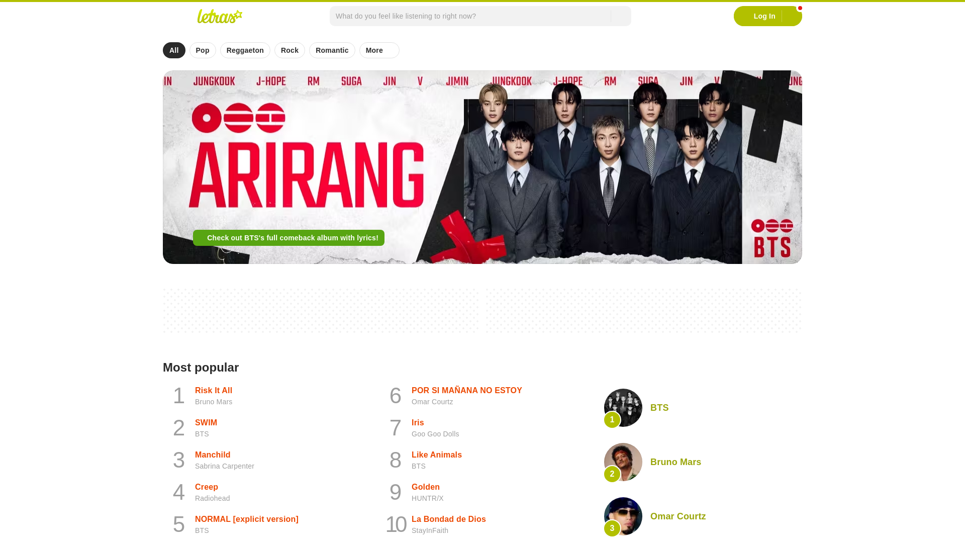 website screenshot of https://www.letras.com