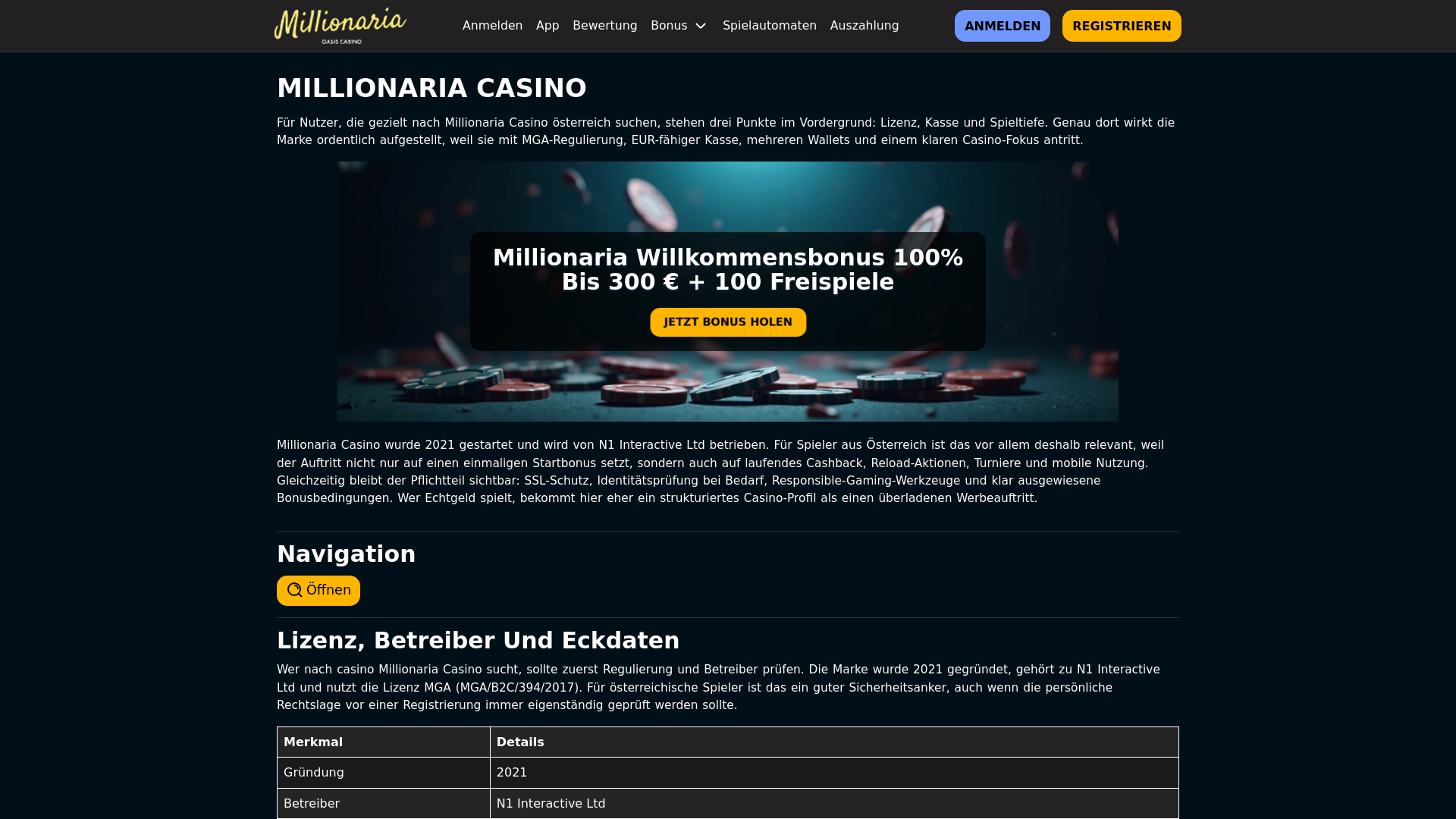 website screenshot of https://casinomillionaria.org/
