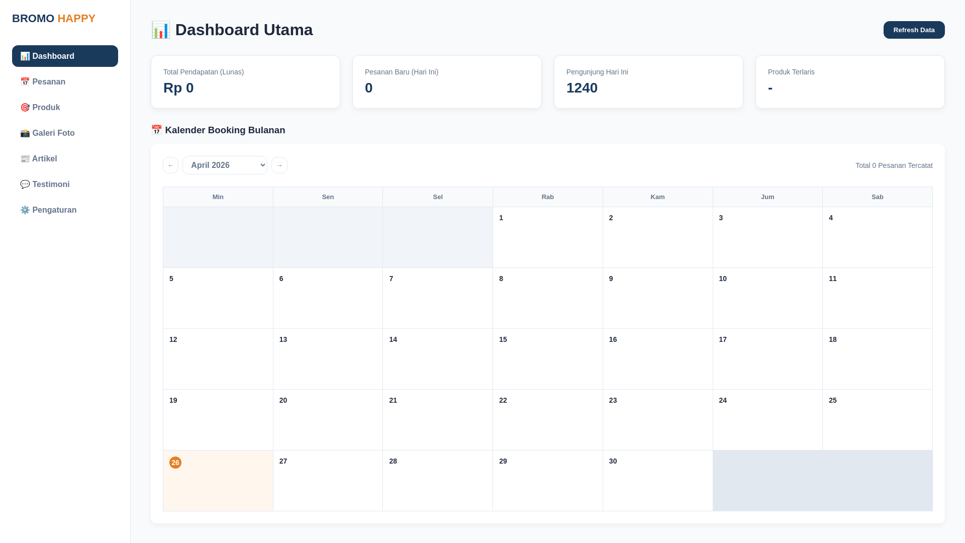 website screenshot of https://bromo-happy-admin.pages.dev/