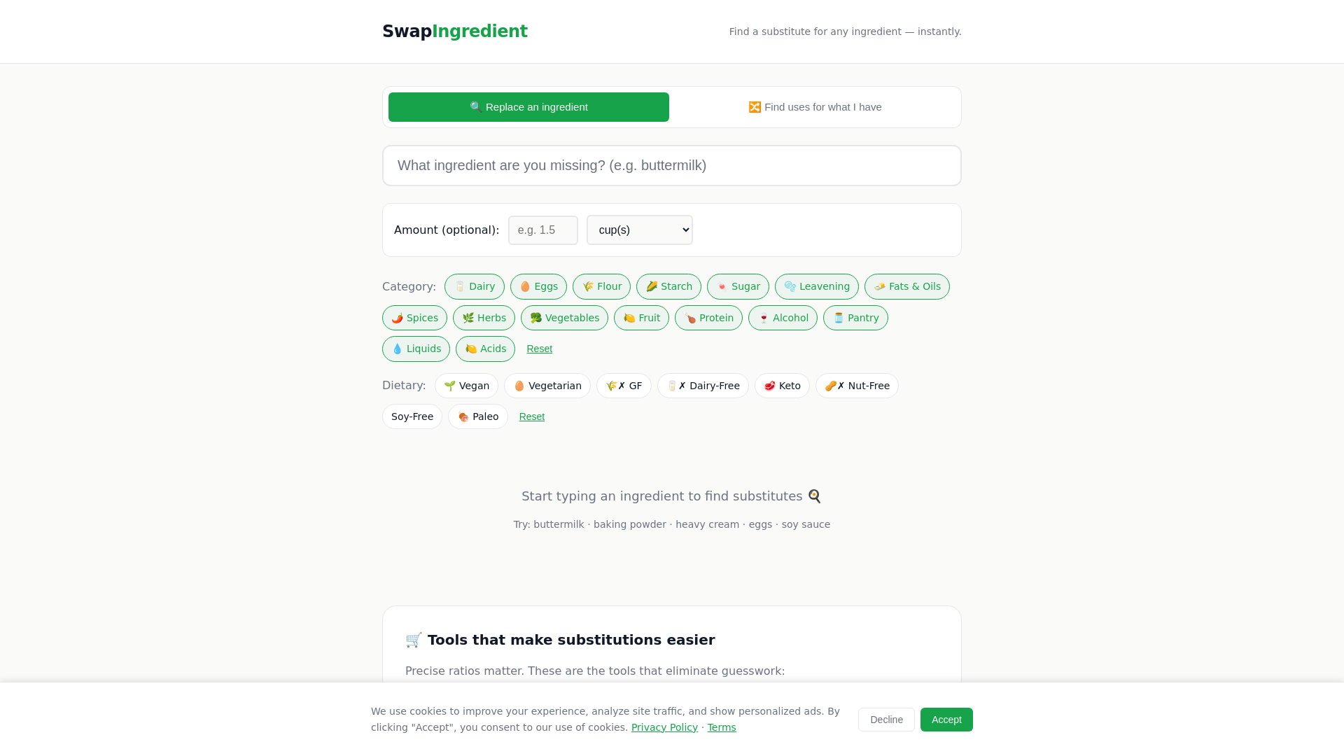 website screenshot of https://ingredient-substitutions.pages.dev/