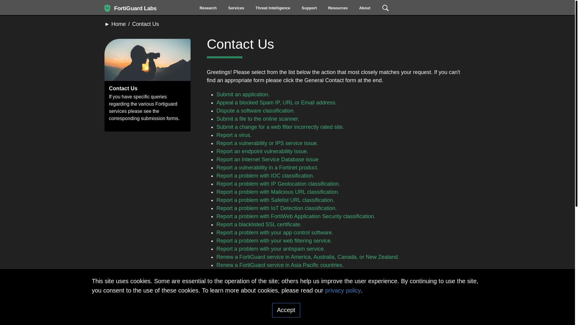 website screenshot of https://www.fortiguard.com/contactus