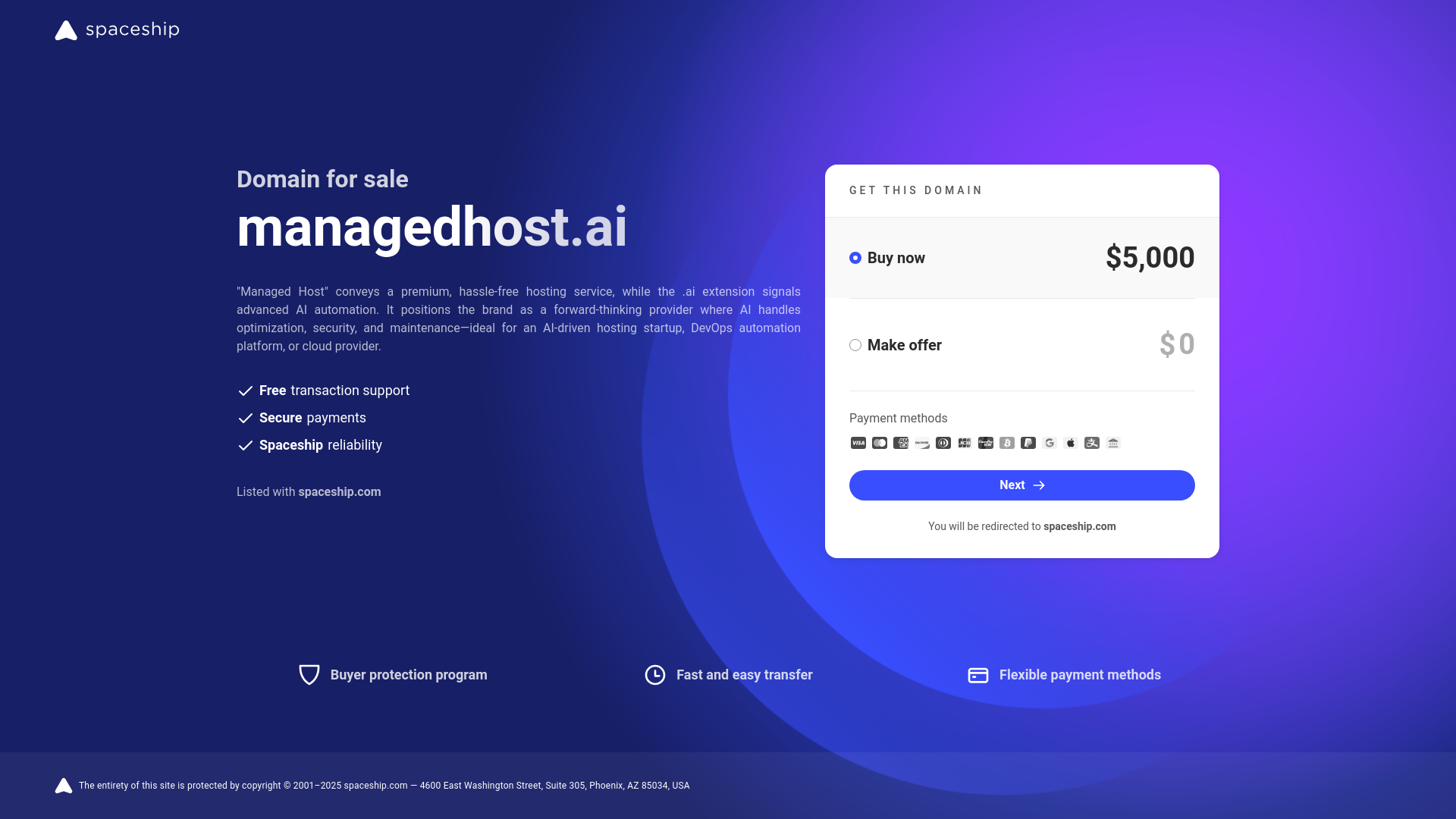 website screenshot of https://managedhost.ai/