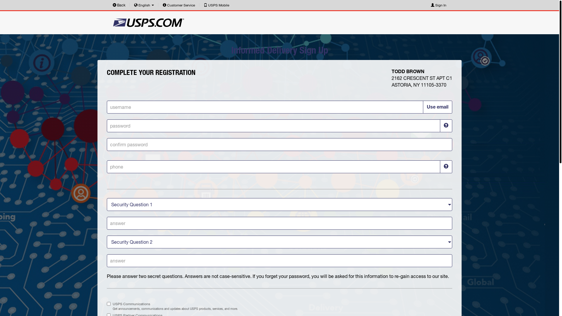 website screenshot of https://reg.usps.com/complete?etoken=00qwo%2FfqVa6IcLcYWXopw1XdAoqjugixKqNLwOGGswwpyPZOgKkU6qoVo8ibzIqspb