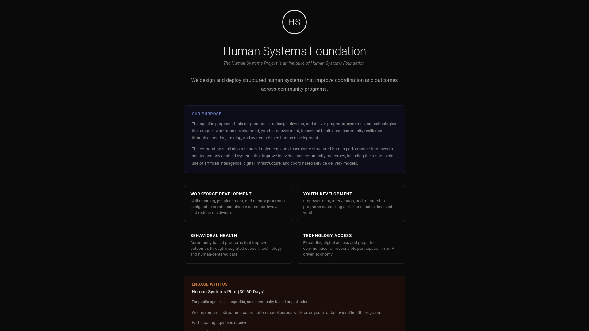 website screenshot of https://humansystemsfoundation.org/