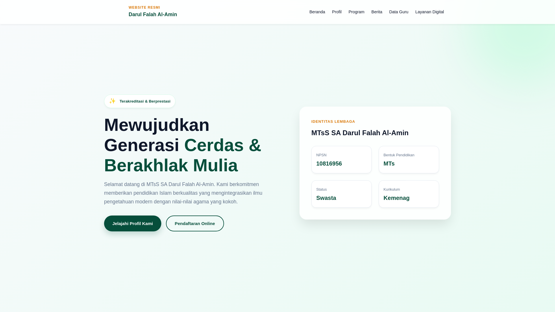 website screenshot of https://mtsdarulfalahalamin.my.id/