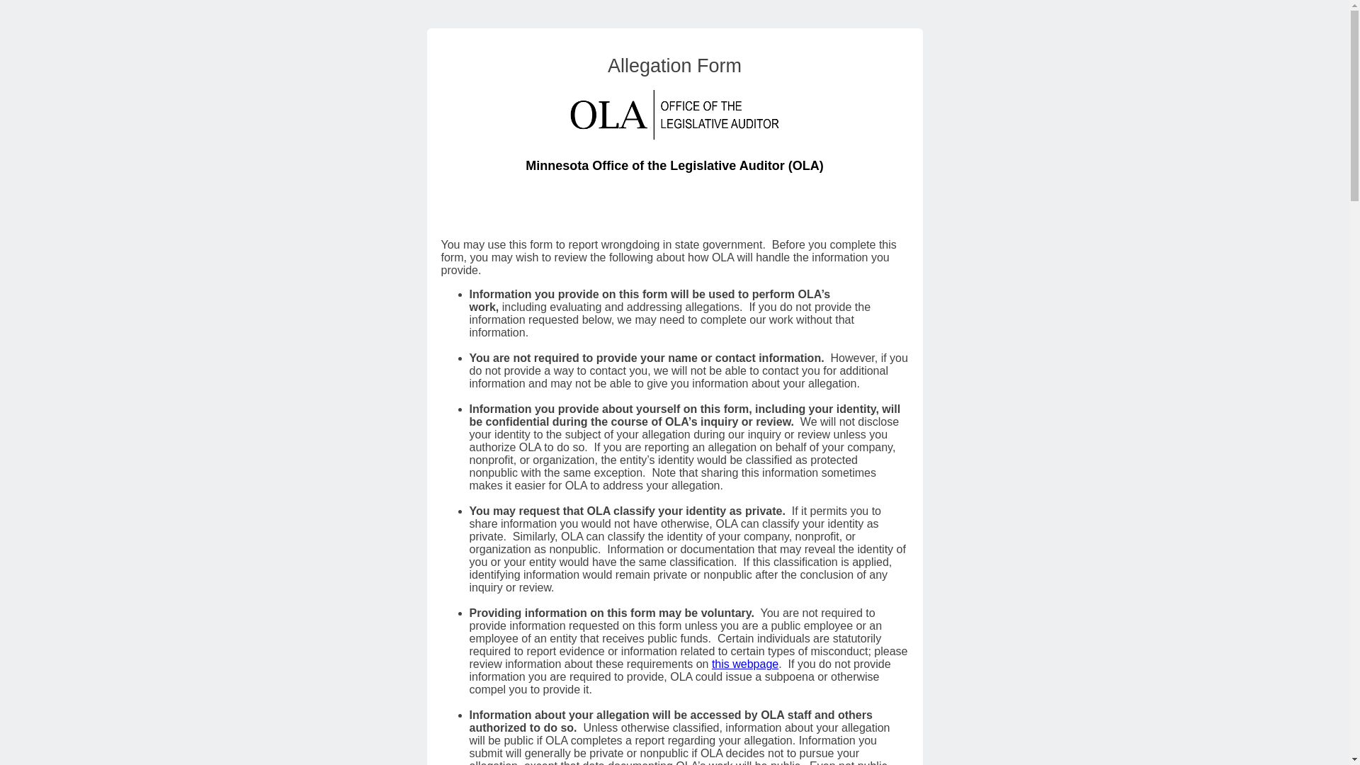 website screenshot of https://www.auditor.leg.state.mn.us/allegation.htm