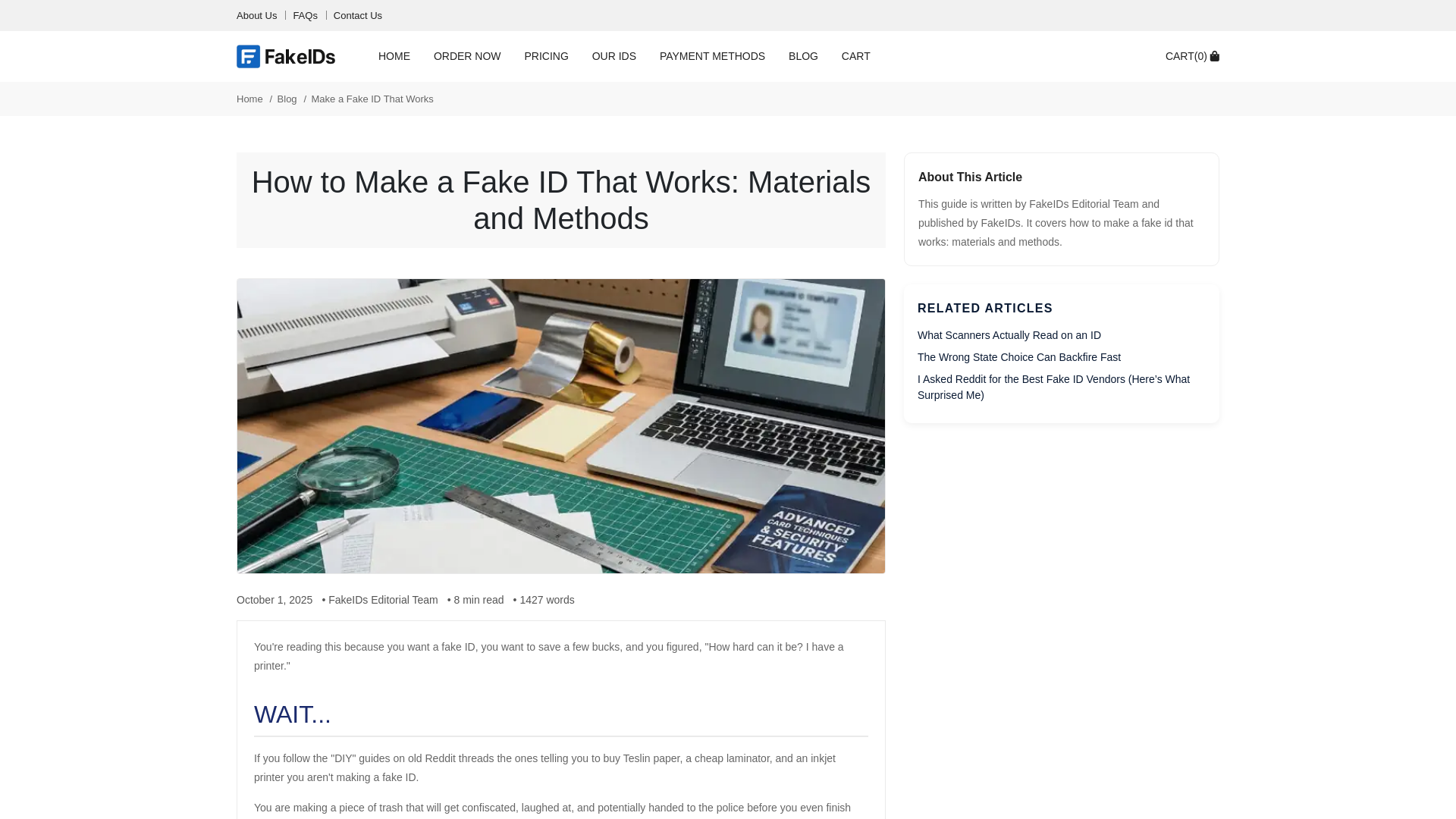 website screenshot of https://www.fakeids.com/blog/how-to-make-a-fake-id-that-works/