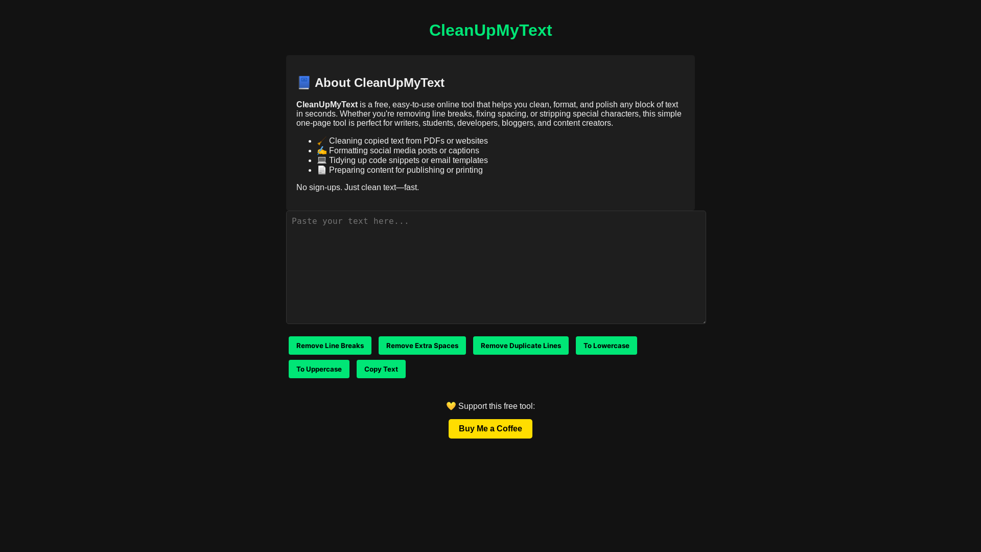 website screenshot of https://cleanupmytext.com/